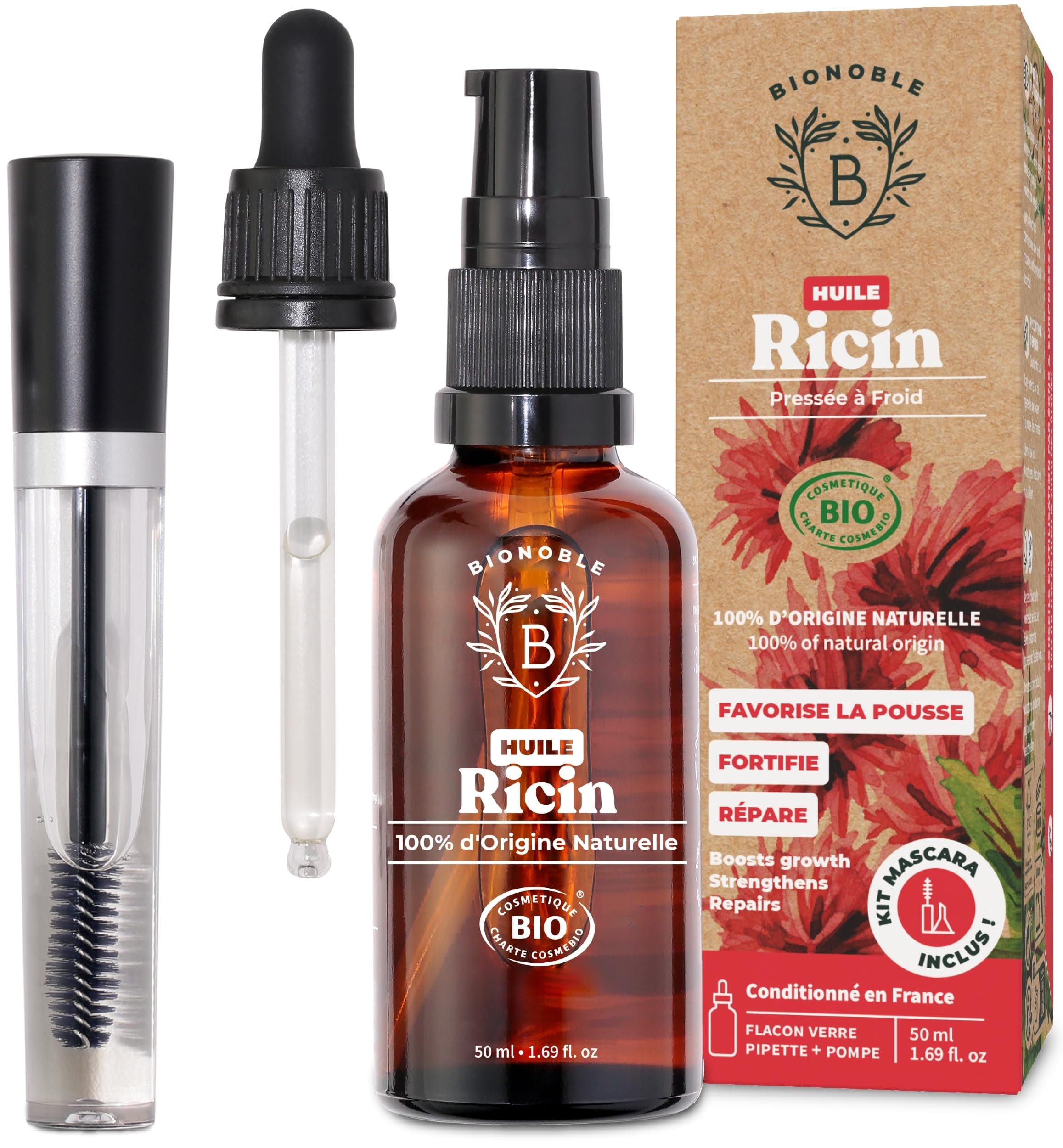 BIONOBLE Huile de Ricin Bio + Kit Mascara - Cheveux, Cils, Barbe - 50ml | Pressée à Froid, 100% d'Origine Naturelle - Favorise la Pousse, Répare - Castor Oil Organic - Flacon Verre, Pipette, Pompe