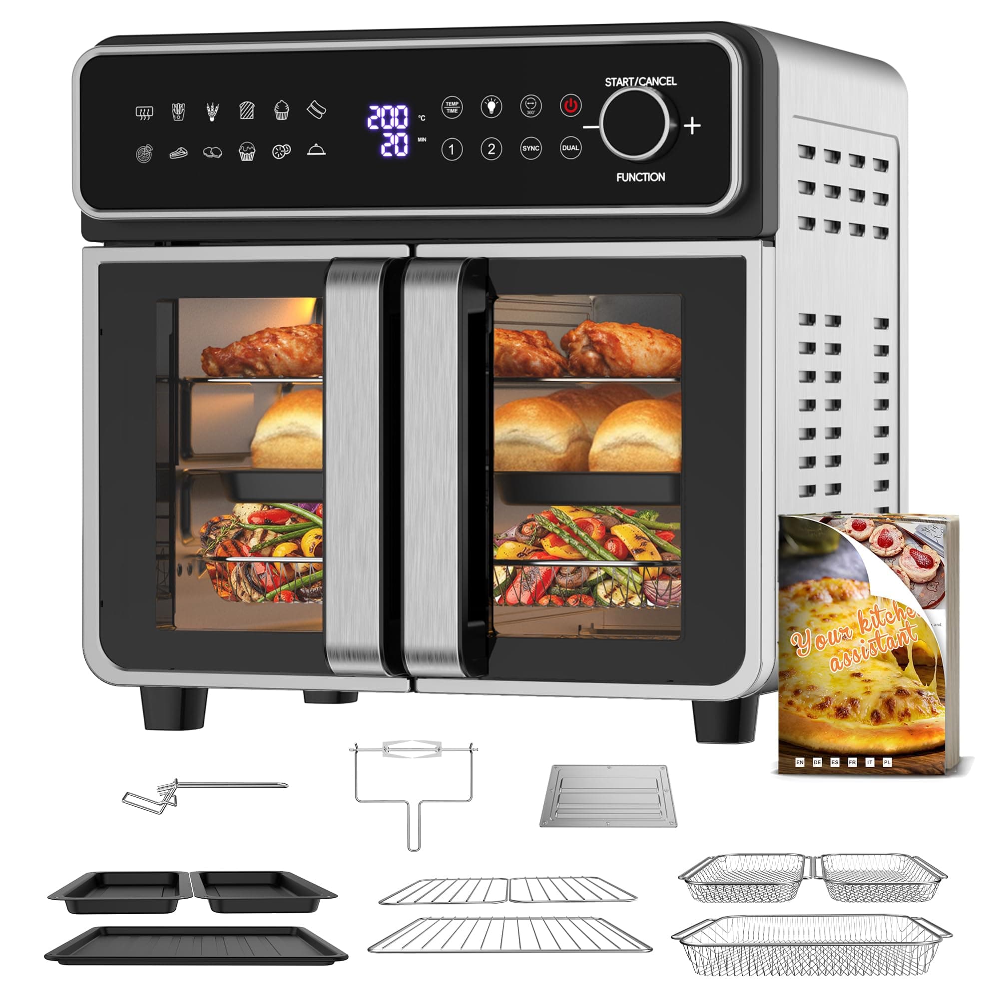 Emphsism Friggitrice ad Aria 23L XXL - Mini Forno ad Aria Zona Flessibile, Doppia Porta Friggitrice Aria Temperatura Indipendente 200℃, 12-in-1 Air Fryer Finestra Luce Interna & Ricette, per Famiglie