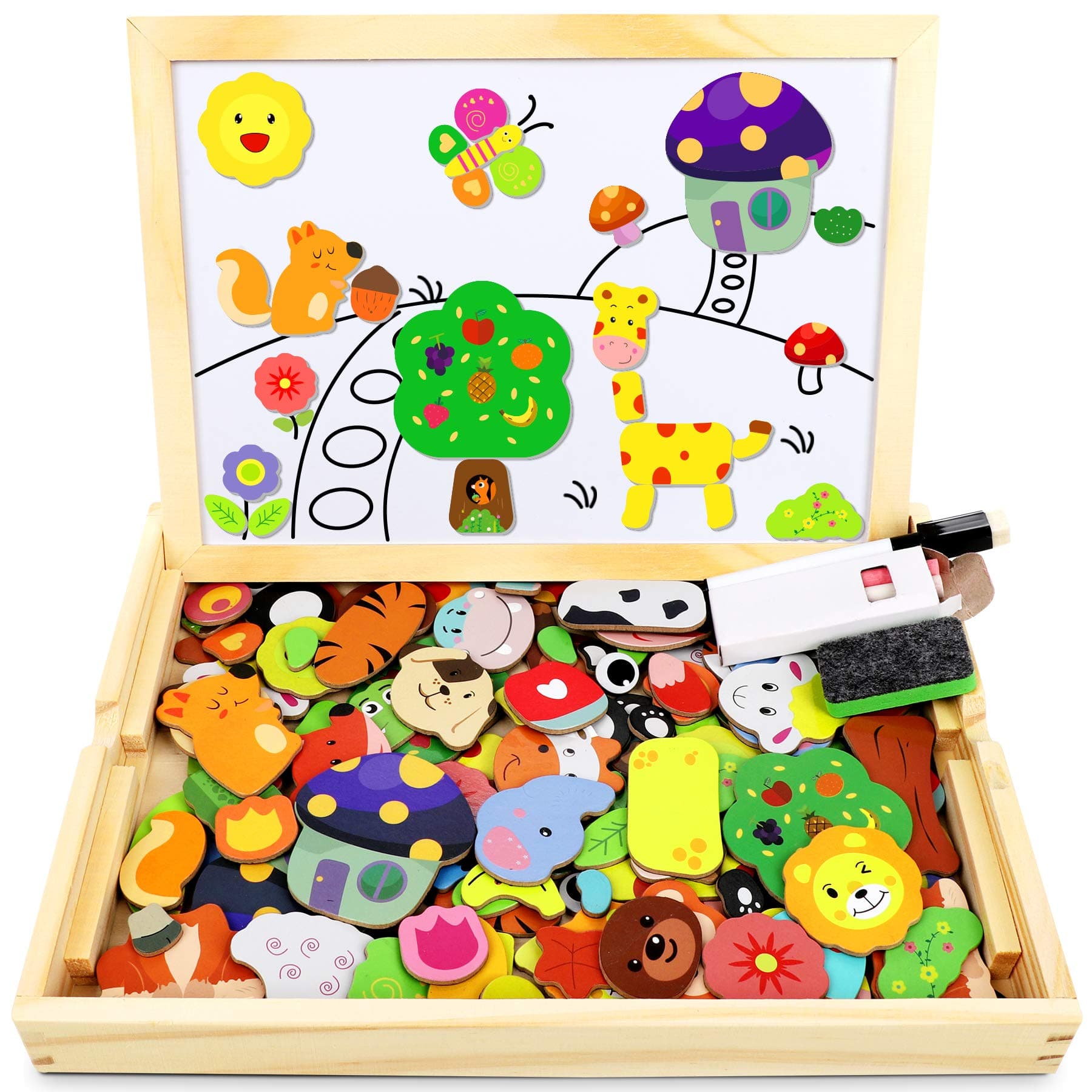 Jojoin 110 pcs Puzzles de Madera, Juguete Educativo con Pizarra Magnética para Dibujo de Doble Cara, Rompecabezas para NIños de 3 4 5 Años (Animales en Bosque) Pascua