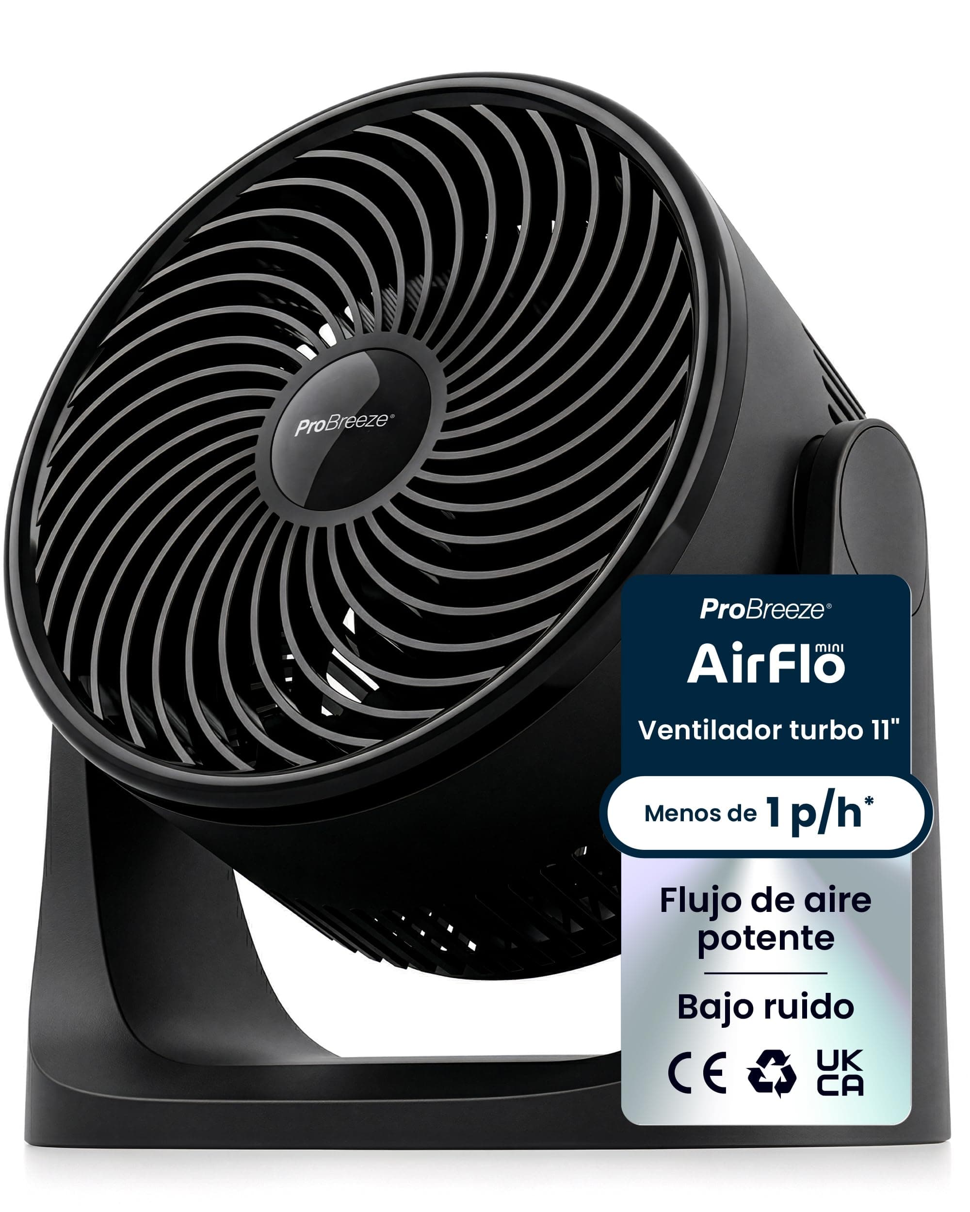 Pro Breeze AirFlo Mini Ventilador de Mesa Potente y Silencioso, Ventilador Portatil Pequeño con 3 Velocidades, de Sobremesa con Inclinación 90° para Escritorio, Hogar y Oficina - Negro
