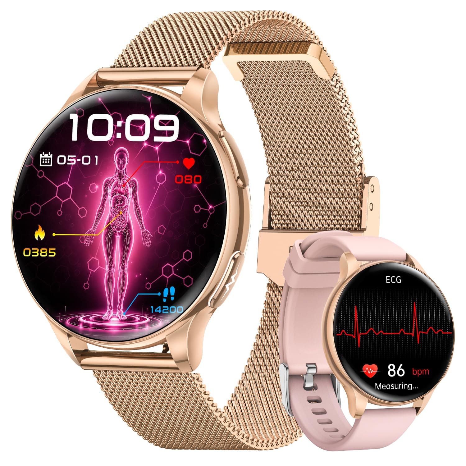 FOSMET Reloj Inteligente Mujer Salud ECG/HRV/BMI Presión Arterial, Rosa Oro | 1.32" AMOLED Pantalla, Frecuencia Cardíaca, SpO2, Sueño, Función Femenina, Micro-Check, 130+ Deportes, Llamadas, Android iOS