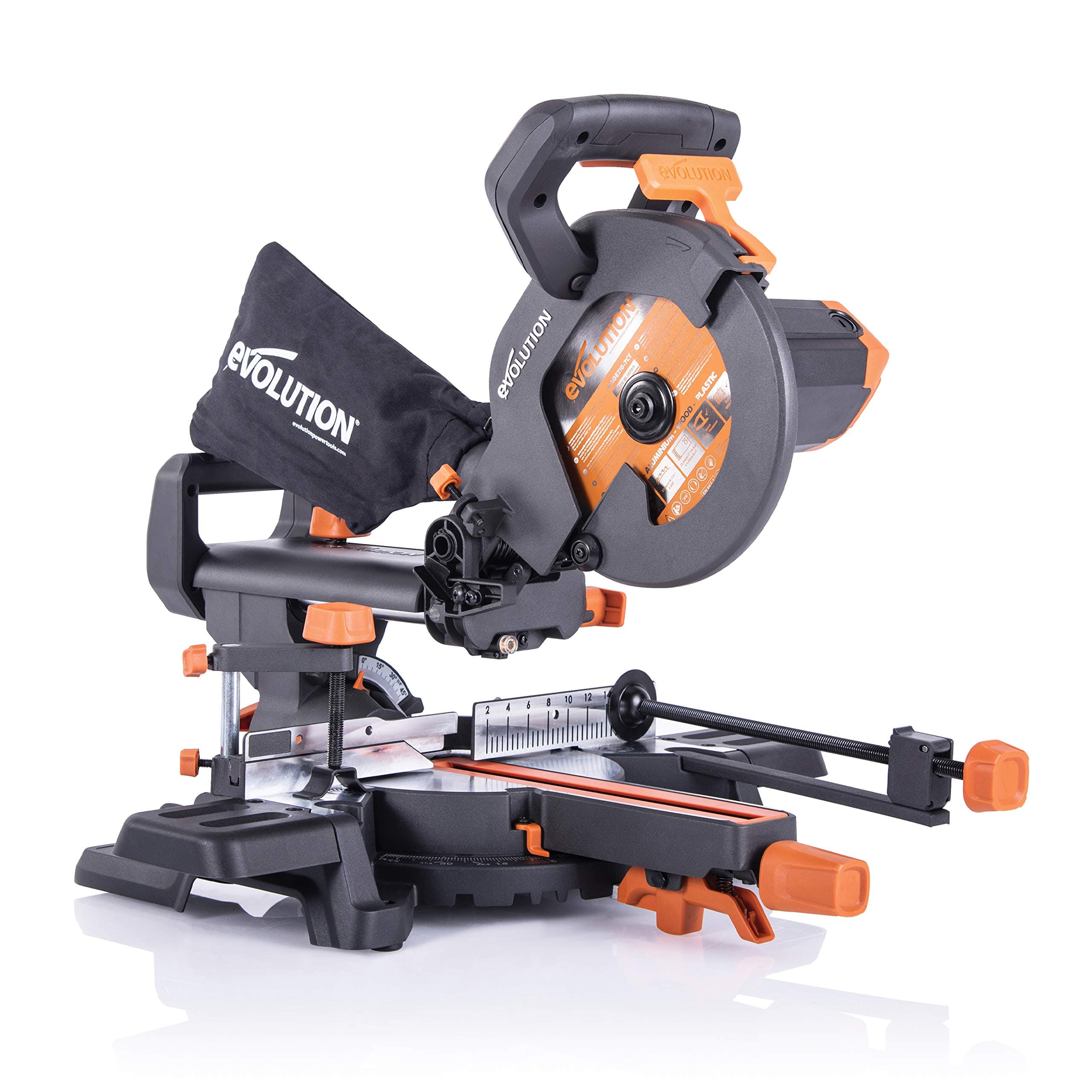 Evolution Power Tools R210SMS+ Ingletadora deslizante multimaterial de 210 mm, con paquete Plus, Corta acero dulce, aluminio, plástico, madera con clavos incrustados, 230 V