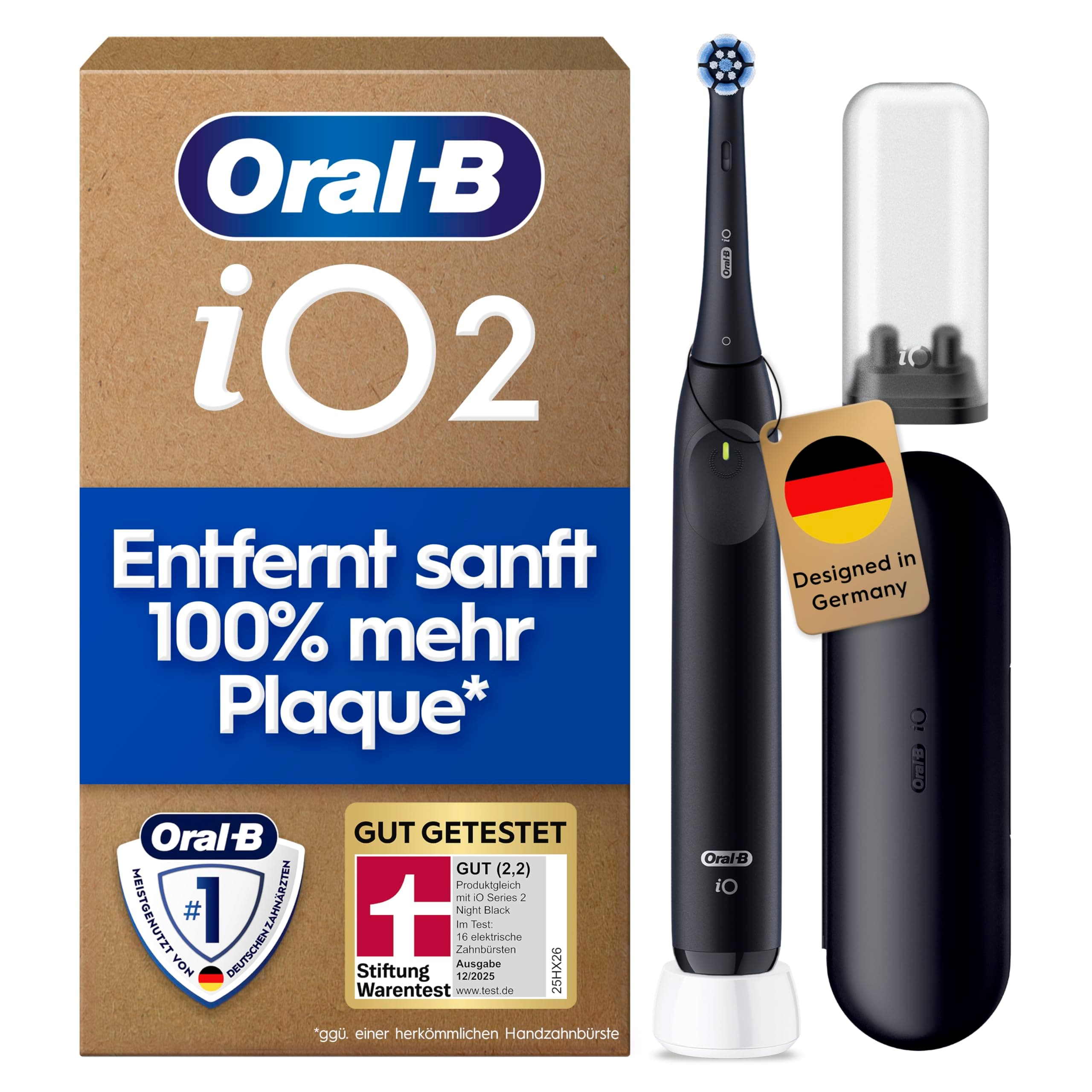 Oral-B iO Series 2 Elektrische Zahnbürste mit 1 Aufsteckbürste, Schwarz - Electric Toothbrush, GUT GETESTET (2,2) von STIFTUNG WARENTEST, Inkl.Reise-Etui Und 3 Putzmodi für Zahnpflege