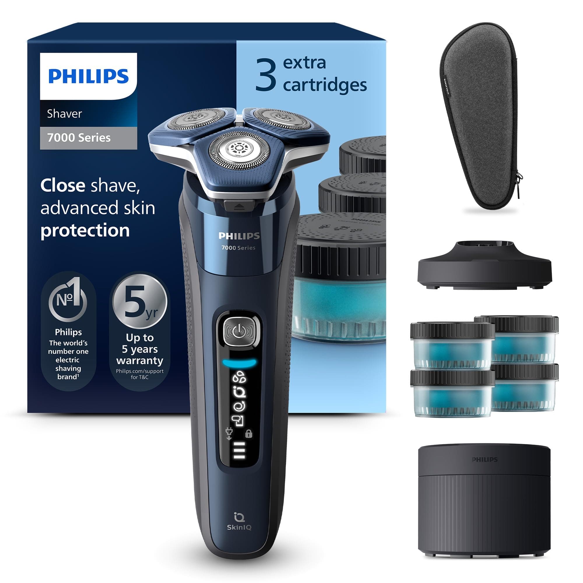 Philips Rasoir électrique Série 7000 pour homme Wet & Dry avec tondeuse rétractable, socle de charge, coffret de voyage et 4 cartouches Quick Clean (modèle S7885/63)