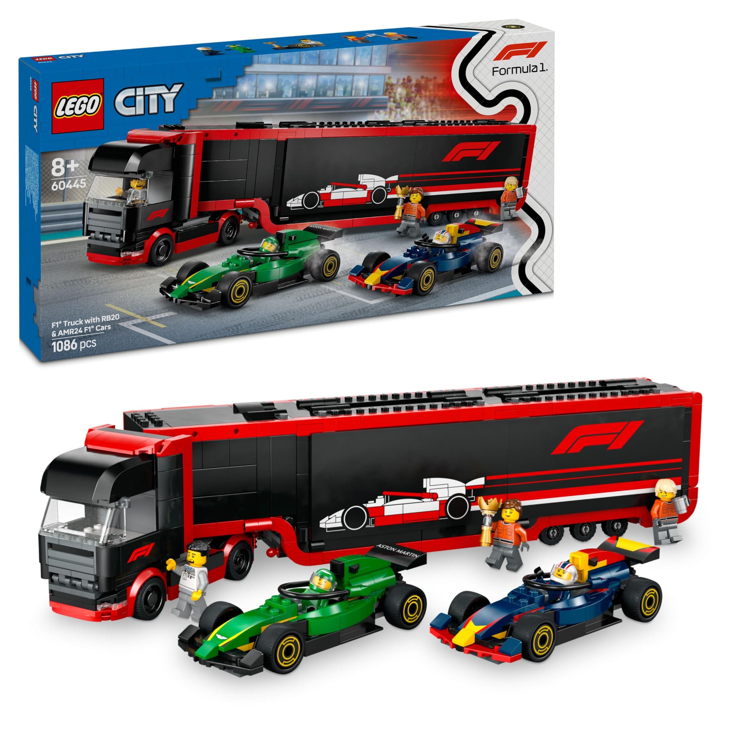 LEGO City Camion de F1 avec voitures de F1 RB20 et AMR24 - Transporteur pour véhicules Red Bull & Aston Martin avec 2 pilotes et un simulateur de course - Cadeau pour garçons et filles dès 8 ans 60445