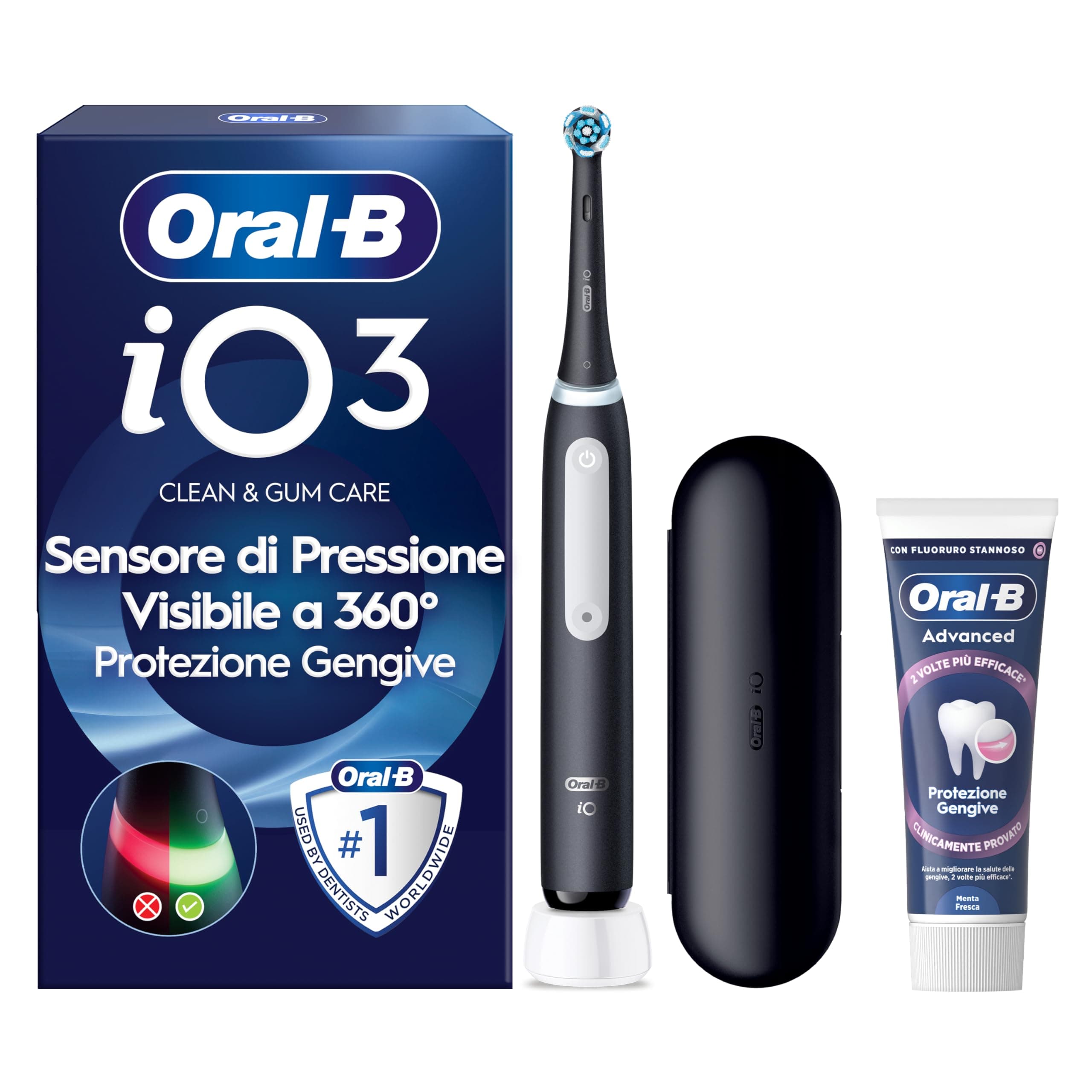 Oral-B Spazzolino Elettrico Ricaricabile iO 3 Nero, 1 Spazzolino Elettrico, 1 Testina Di Ricambio, Custodia Da Viaggio + Dentifricio Oral-B Advanced Protezione Gengive, Pulizia Denti Efficace