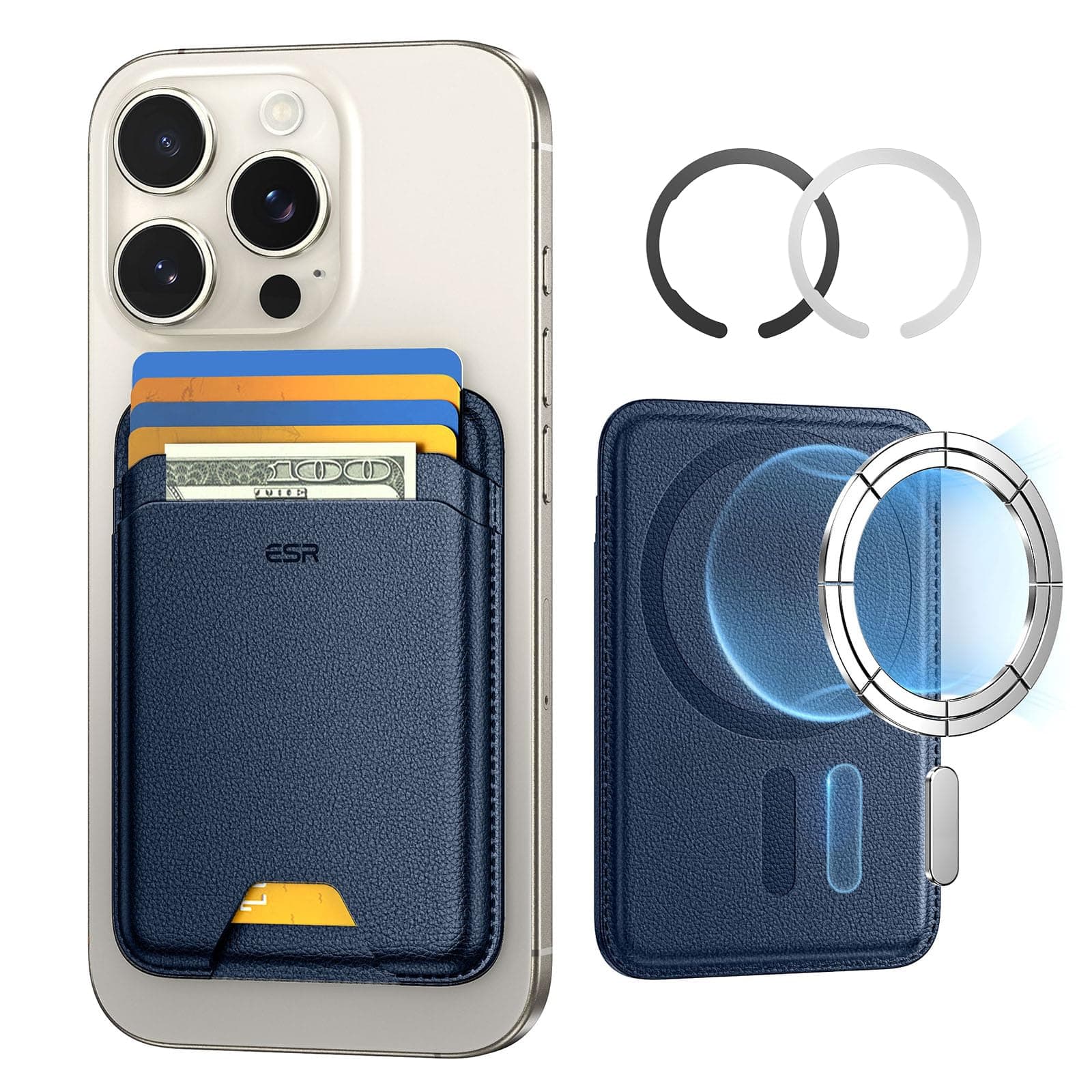 ESR für MagSafe Wallet, 5 Karten Halter, RFID Schutz, iPhone Wallet mit 3200g Magnetstärke, Veganes Leder, für iPhone 17e/17/16/15/14/13/12 Serie und Ausgewählte Samsung Geräte, Nicht für mini, Blau