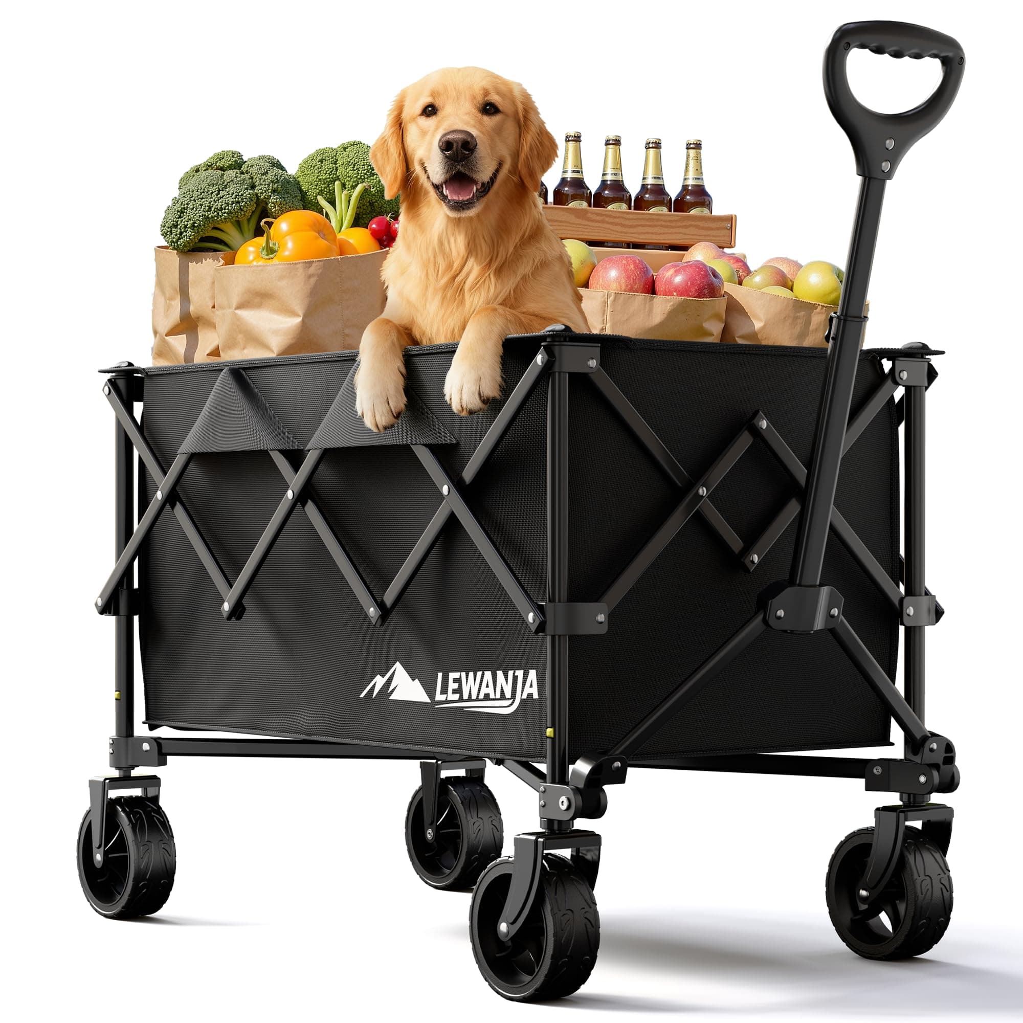 LEWANJA Chariot de Transport Pliable Robuste, Chariot de Jardin pour Camping, Plage, Festivals et Courses, Chariot à Bras avec Poignée Réglable - Capacité 140L et Charge 130kg.