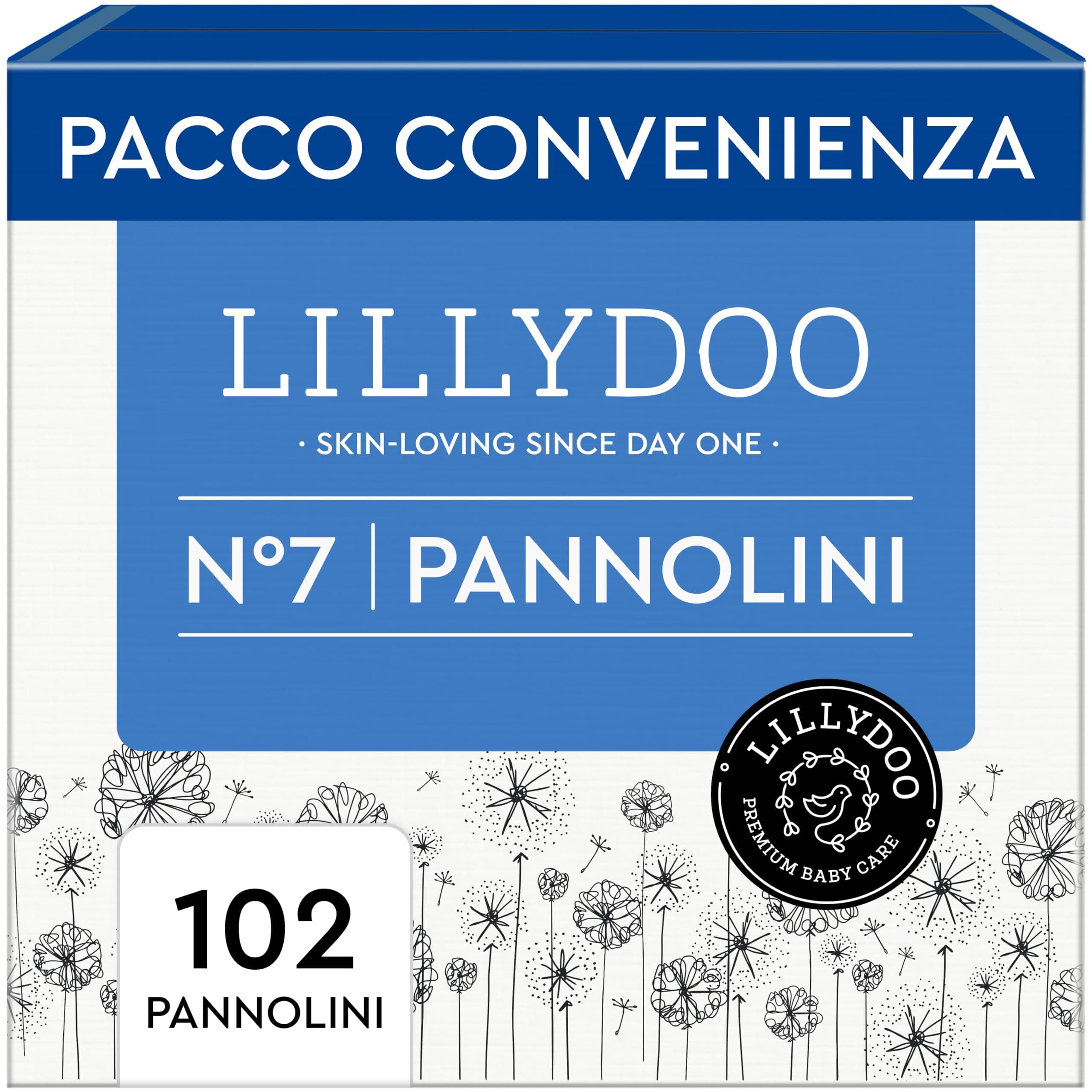Pannolini LILLYDOO delicati sulla pelle - taglia 7 (15+ kg), pacco scorta (102 unità), protezione contro le fuoriuscite, morbidi, senza profumi & lozioni e dermatologicamente testati