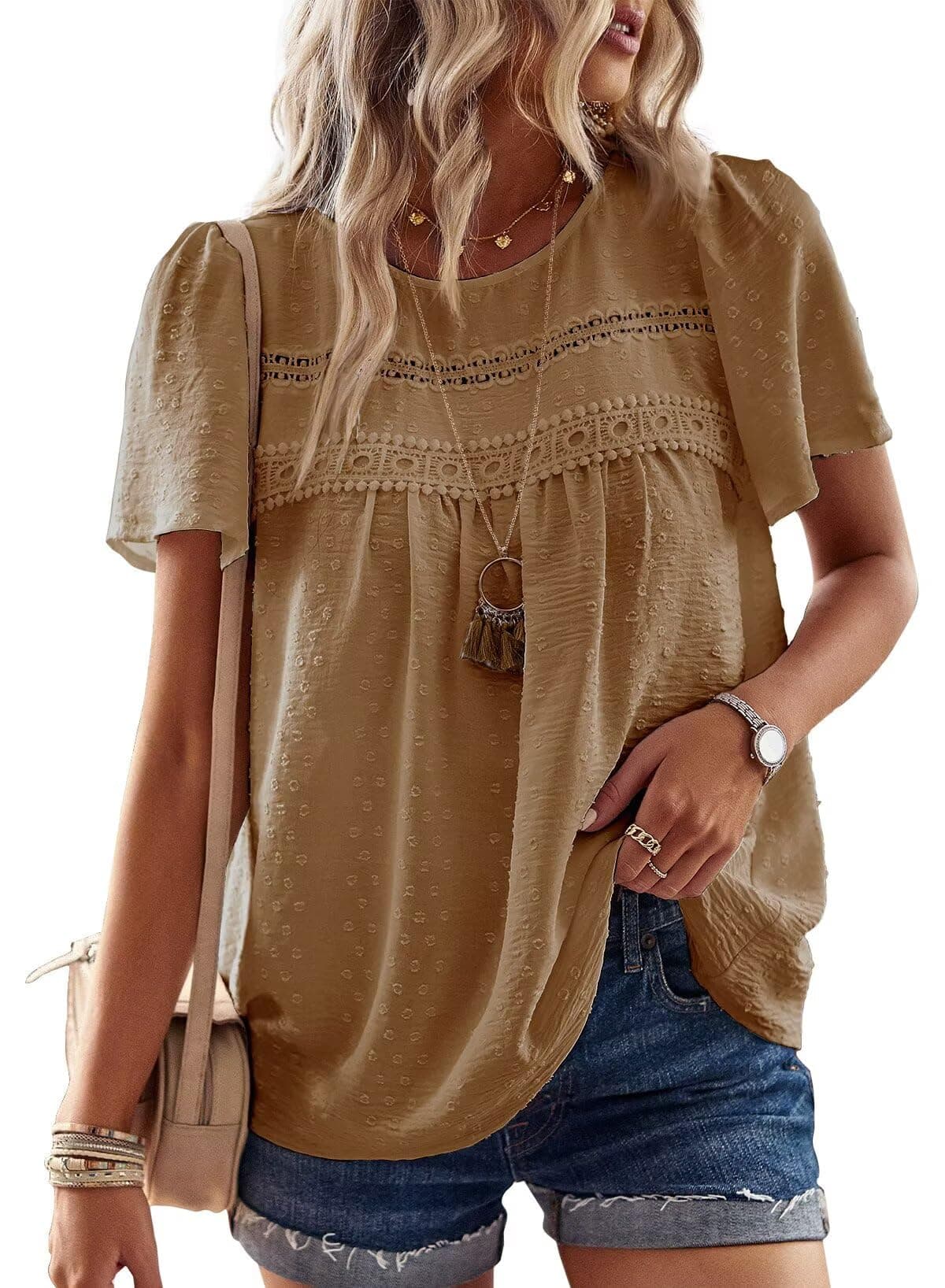 TUUHAW T-Shirt da Donna Pizzo Manica Corta Magliette con Scollo Estive Camicia Casual Abbigliamento Boho Top Maglie Tunica