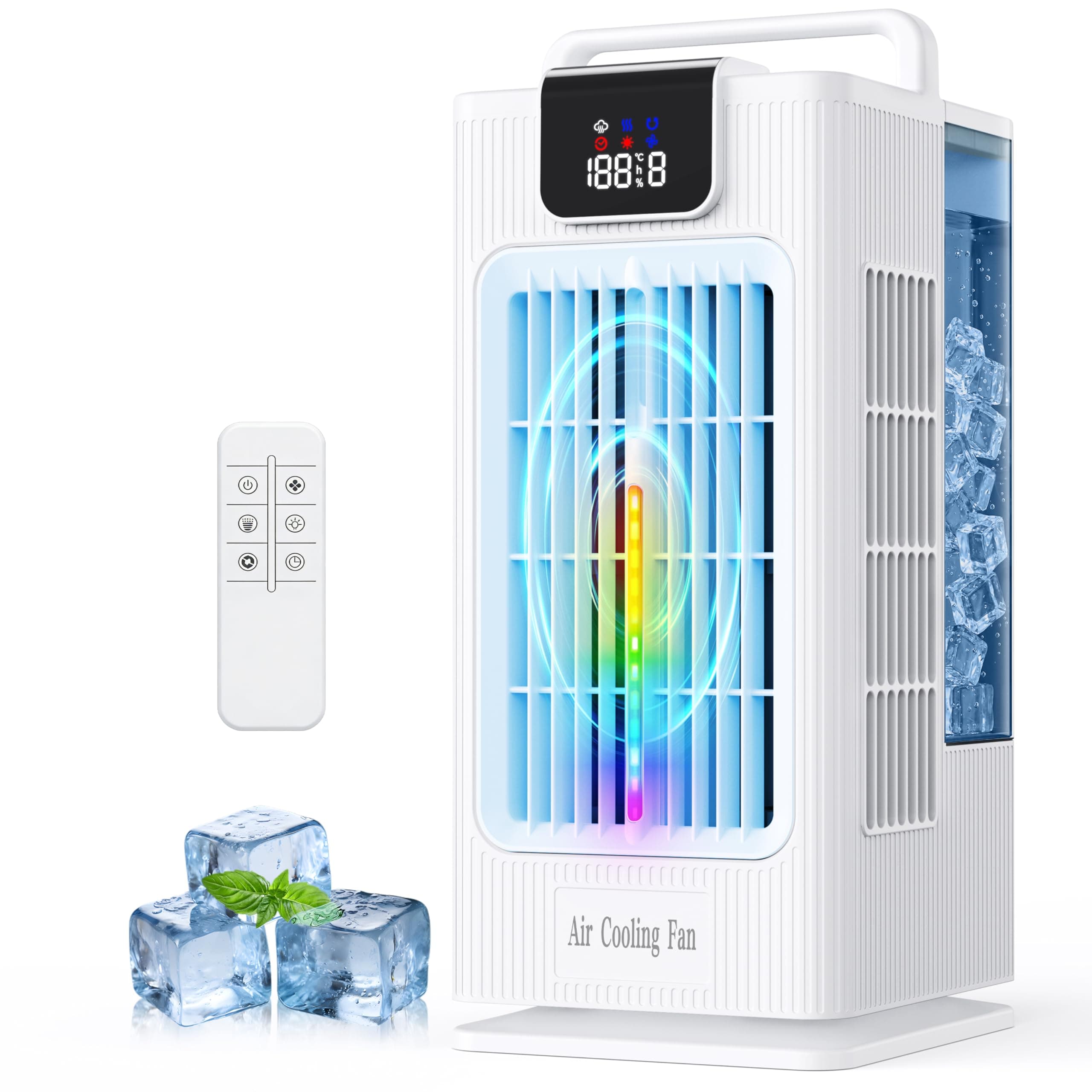 Aiorber Rafraîchisseur d'Air Portable:Réservoir 2L, Oscillation 120°, 4 Vitesses, LED, Minuteur et Télécommande, Ventilateur Rafraîchissant pour Maison et Bureau