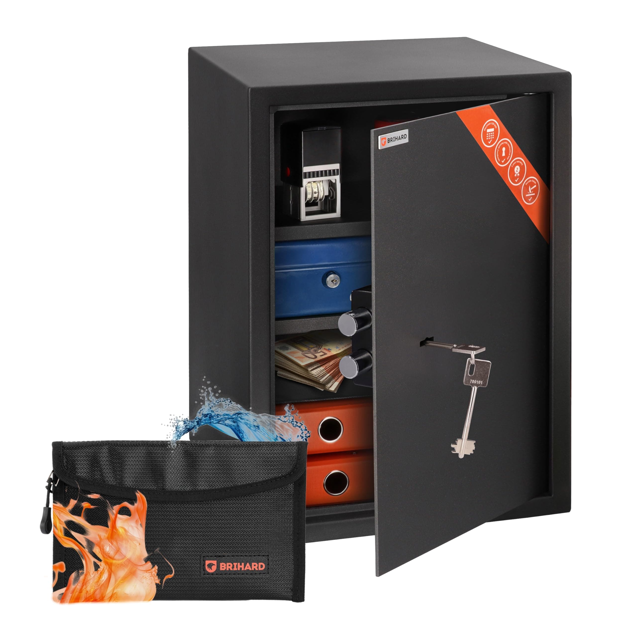 Brihard Business XL Caja Fuerte con Llave Grande de 50x35x36cm con Bolsa Ignífuga, 60L para la Oficina 60L, con 2 Estantes Ajustables en Altura, para Documentos A4, Dinero y Joyas