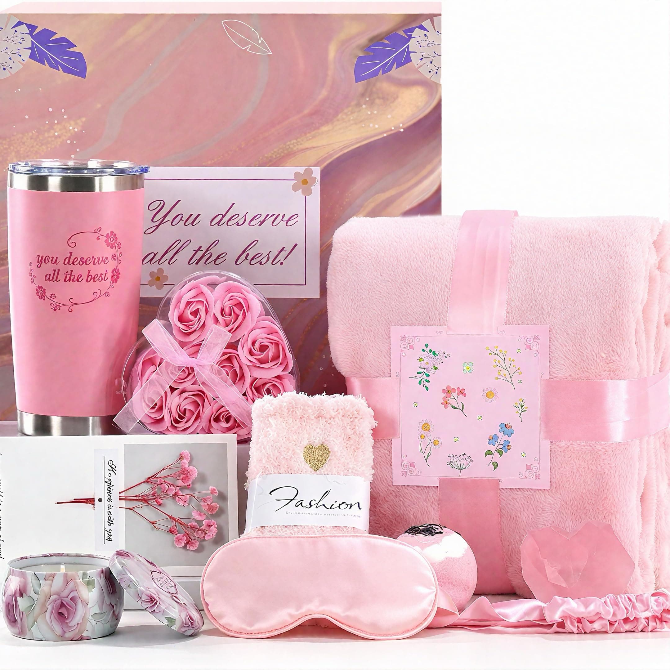 obisesio Regali Di Compleanno,Cesti Regalo Di Compleanno,Set Spa,Set Regalo Per La Cura Personale Con Coperte, Candele Profumate E Tazze,Set Regalo Rosa: La Selezione Perfetta Di Regali Per Le Donne