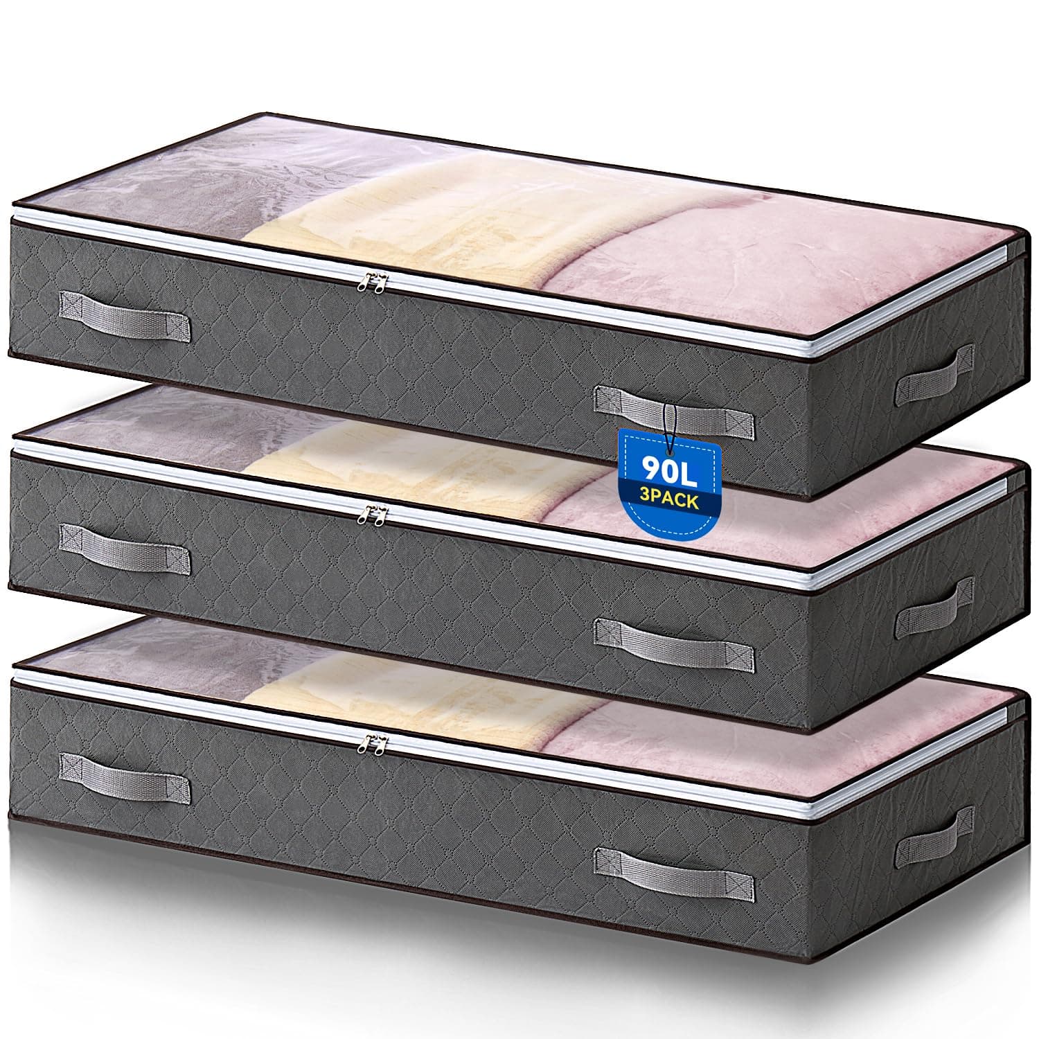 AIOR 3 Piezas 90L Bolsas Almacenaje Ropa Debajo de la Cama, Cajas Almacenaje de Gran Capacidad con Ventana Transparente, Cama Organizador Armario para Ropa Mantas Edredones, 100x50x18cm