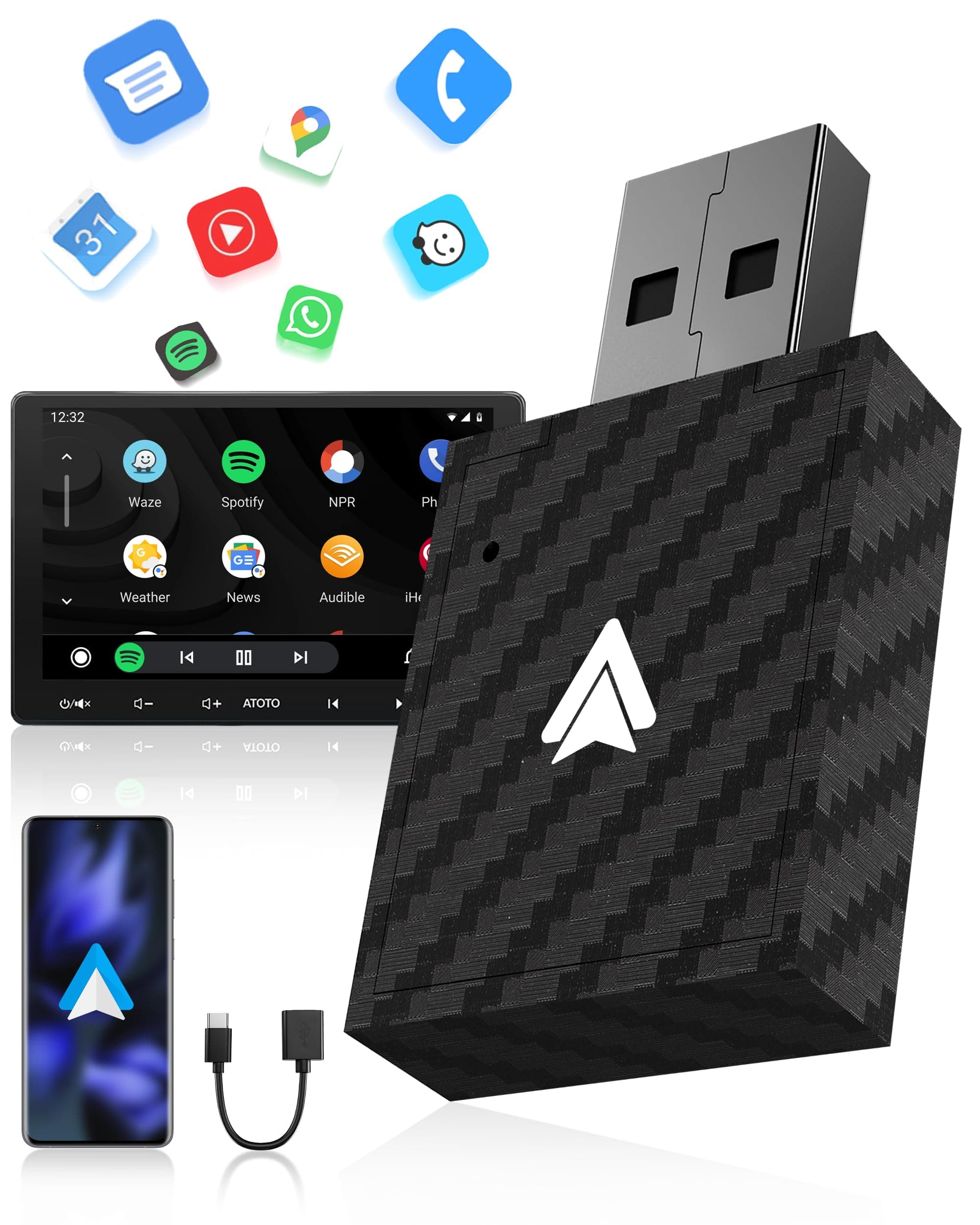 WityEye Adaptador Android Auto Inalámbrico, Doble Núcleo WiFi a 5,8 GHz, Bluetooth V5,3, Rápido y Estable, Plug & Play, para Smartphone con Android 11+ & Vehículos con Función AA por Cable