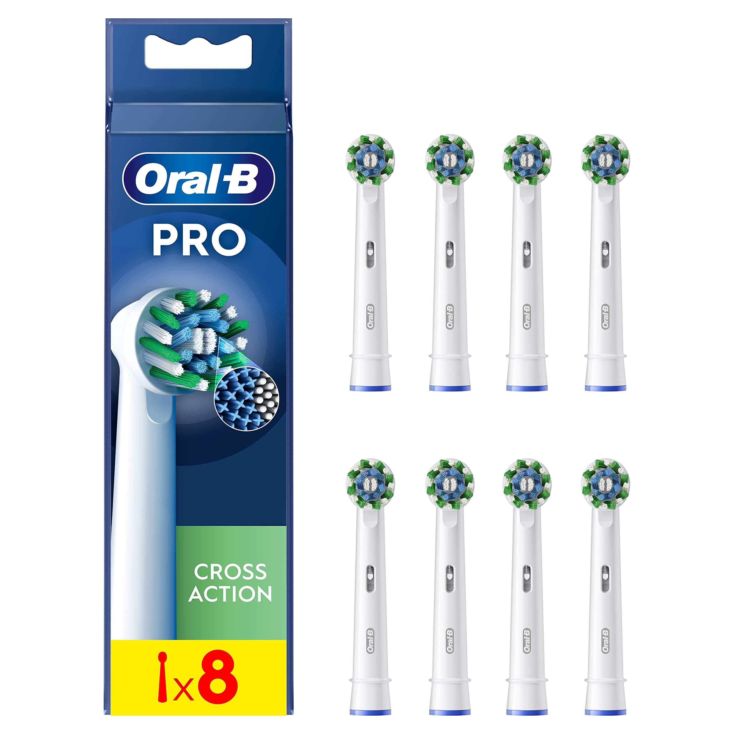 Oral-B CrossAction Cabezales de Recambio Originales, Blanco, Pack de 8 - Recambios para Cepillo de Dientes Eléctrico Oral B Pro, con Indicador de Uso, Eliminación de La Placa Bacteriana