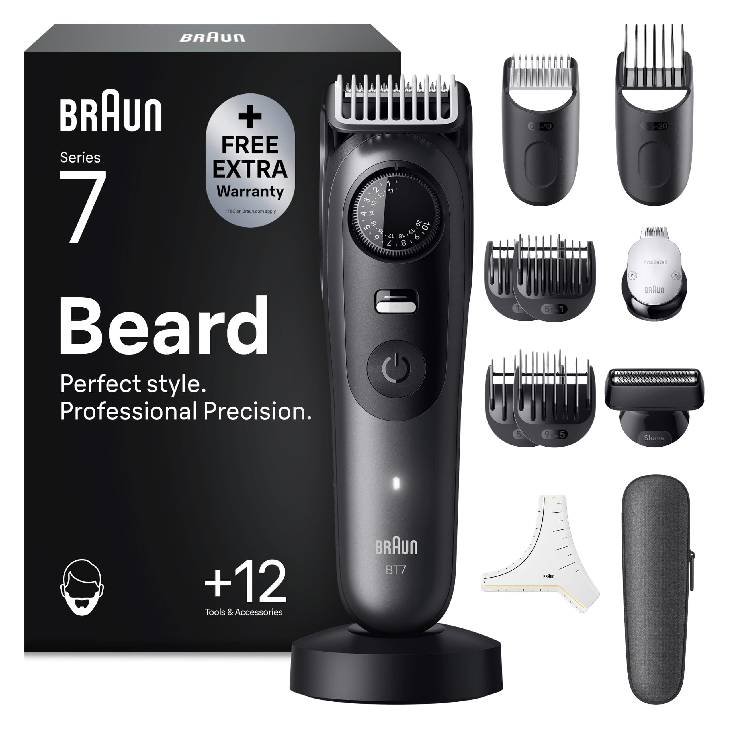 Braun Barttrimmer Series 7, Kabelloser Bartschneider Herren, BT7545, Grau | Bart Rasierer mit 40 Längen, Trimmer mit 120 Min. Akku, Wasserdicht, Inkl. 12 Zubehörteilen Und Ultrascharfe Klinge