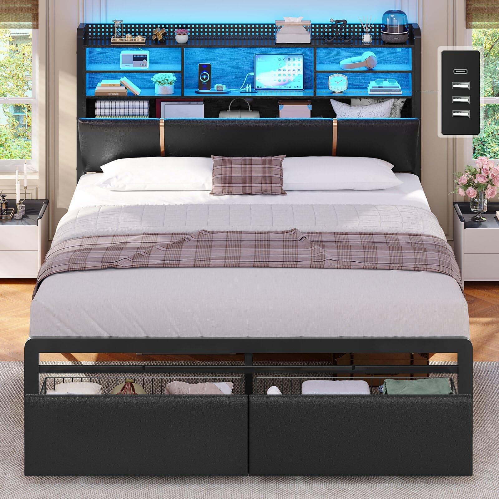 Lit 160x200 avec Multiprise et Éclairage LED, Cadre de Lit avec Sommier à Lattes Métal avec 6 Compartiments Ouverts, 2 Grands Tiroirs et Rangement sous Lits, Tête de Lits Capitonnée en PU Noir