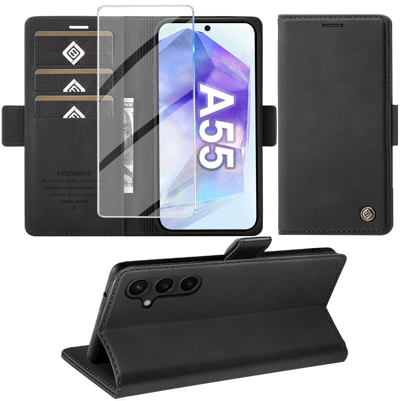 Giyer Cover per Samsung Galaxy A55 5G Custodia con Vetro Temperato, Premium Pelle PU Portafoglio Slot per Scheda RFID Antifurto Funzione Supporto Flip Case, Antiurto per Samsung A55 5G Cover (Nero)