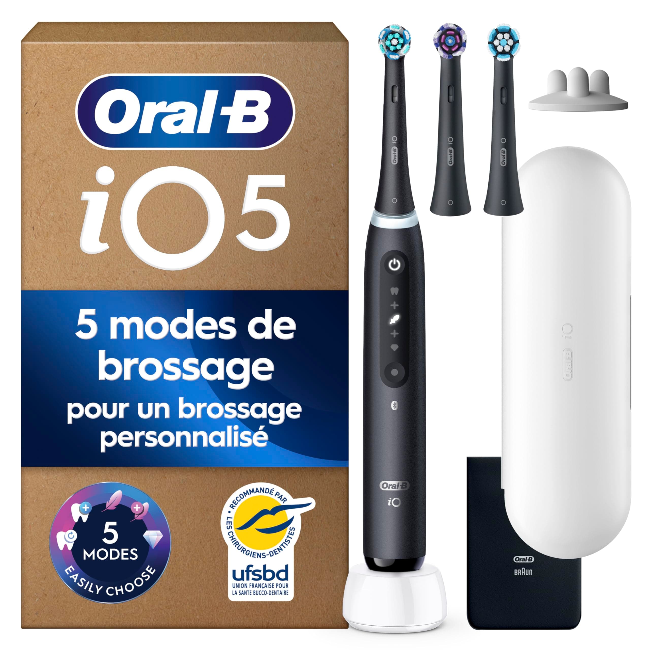 Oral-B Brosse à Dents Electrique iO 5 avec 1 Brossette de Rechange, Noire – 5 Modes de Brossage dont Douceur et Blancheur, Capteur de Pression sur les Gencives et d’Usure, Batterie Rechargeable, Etui