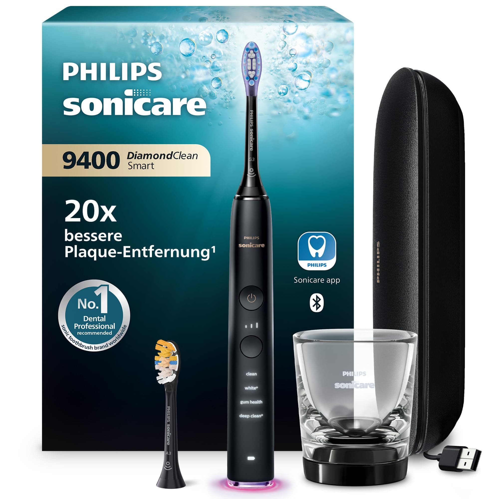 Philips Sonicare DiamondClean Smart 9400 elektrische Zahnbürste, Schallzahnbürste mit App, Drucksensor, Bürstenkopferkennung, 4 Putzmodi und 3 Intensitätsstufen, Schwarz, Modell HX9917/89