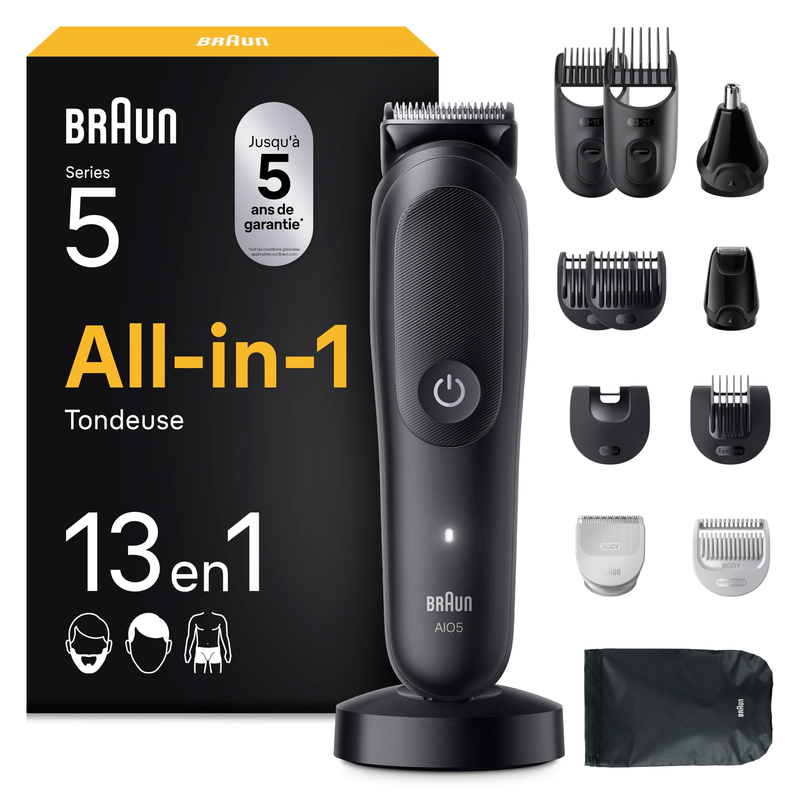 Braun Tondeuse Electrique Homme, Tout-en-Un Series 5 AIO5565 13-en-1 Noire | Etanche, Batterie Rechargeable, Lame Ultra Affutée, Coffret avec 8 Sabots, 2 Accessoires, Etui, Emballage en Carton