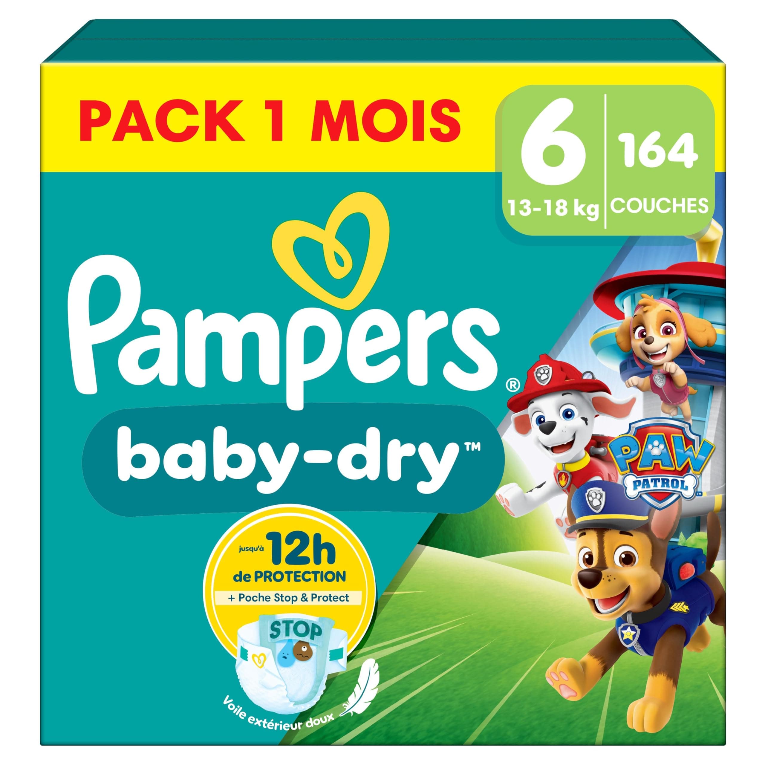 Pampers Baby-Dry, Taille 6, 164 Couches, 13-18kg, A La Rescousse Contre Les Fuites Grâce A Une Protection Intégrale Jusqu'à 12h, Edition Limitée avec La Pat’Patrouille, Pack 1 Mois