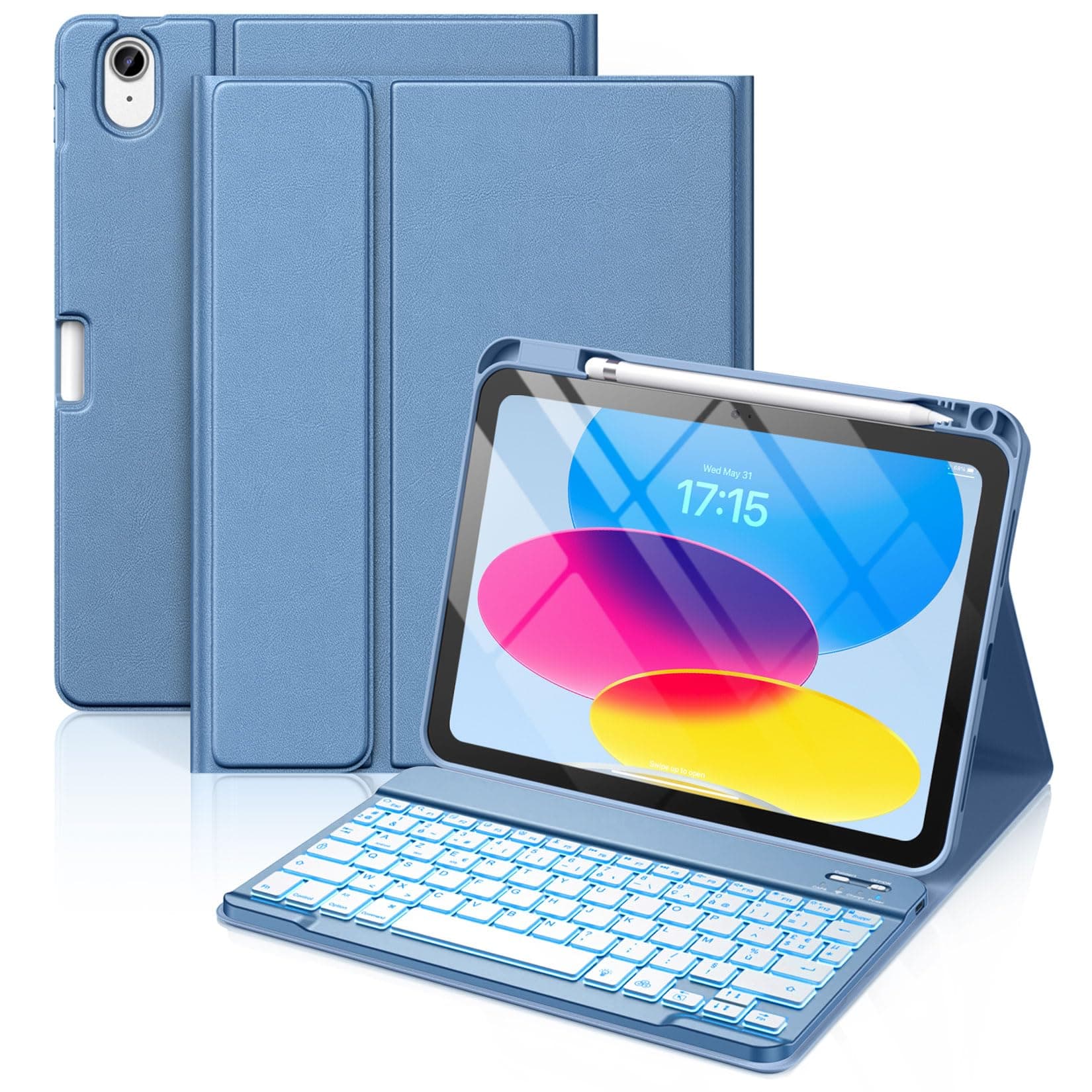 Vobafe Coque Clavier pour iPad A16 11/10 Ème Generation 2025/2022 11/10.9" | 7 Couleurs Rétroéclairées, Clavier Bluetooth Détachable, Coque avec Porte Crayon, AZERTY Layout Français, Bleu