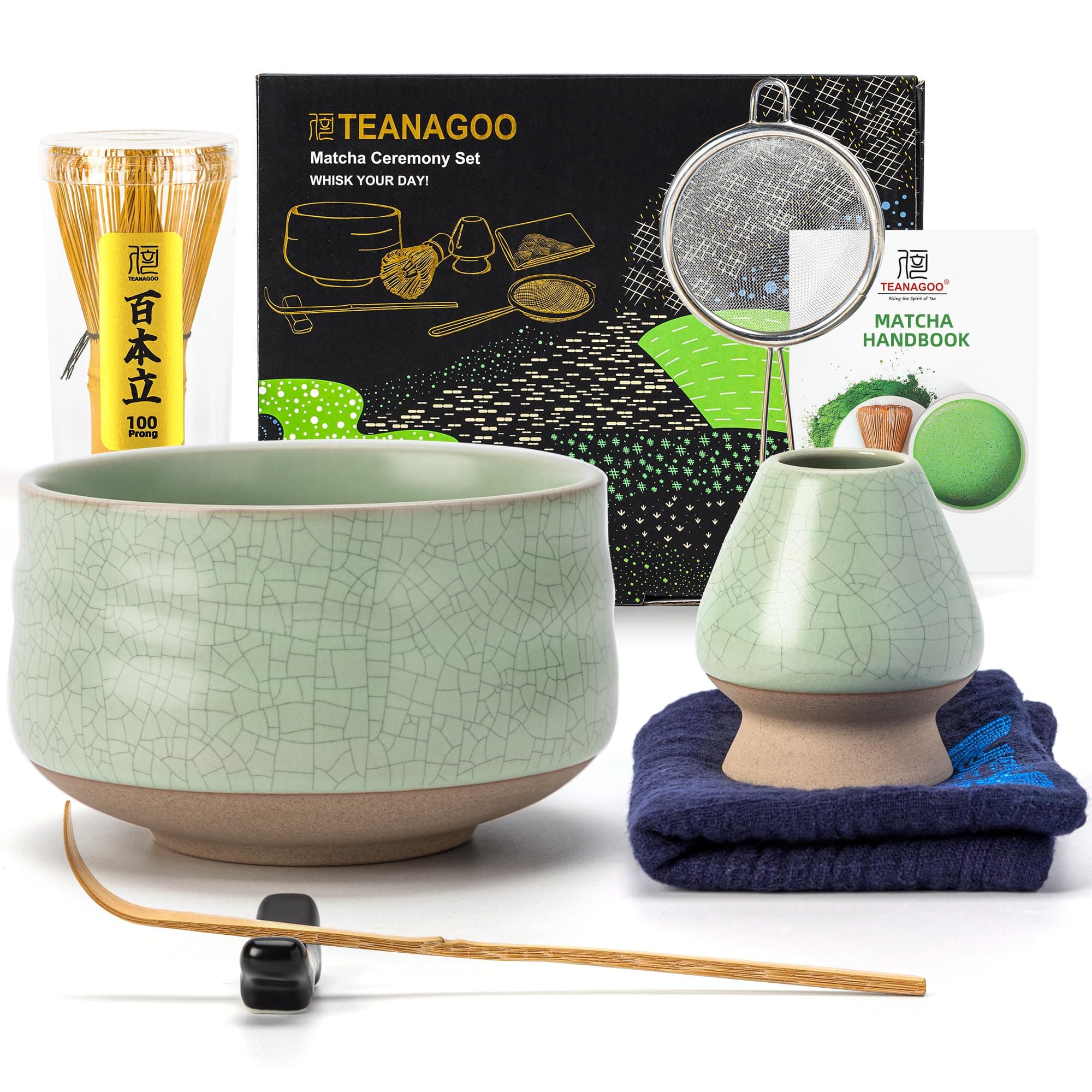 TEANAGOO Te Matcha Kit, Matcha Kit 7 piezas de Batidor con Pico Vertedor, Set de Regalo de para la Ceremonia del Té, juego de té para hacer café con leche( (Verde))