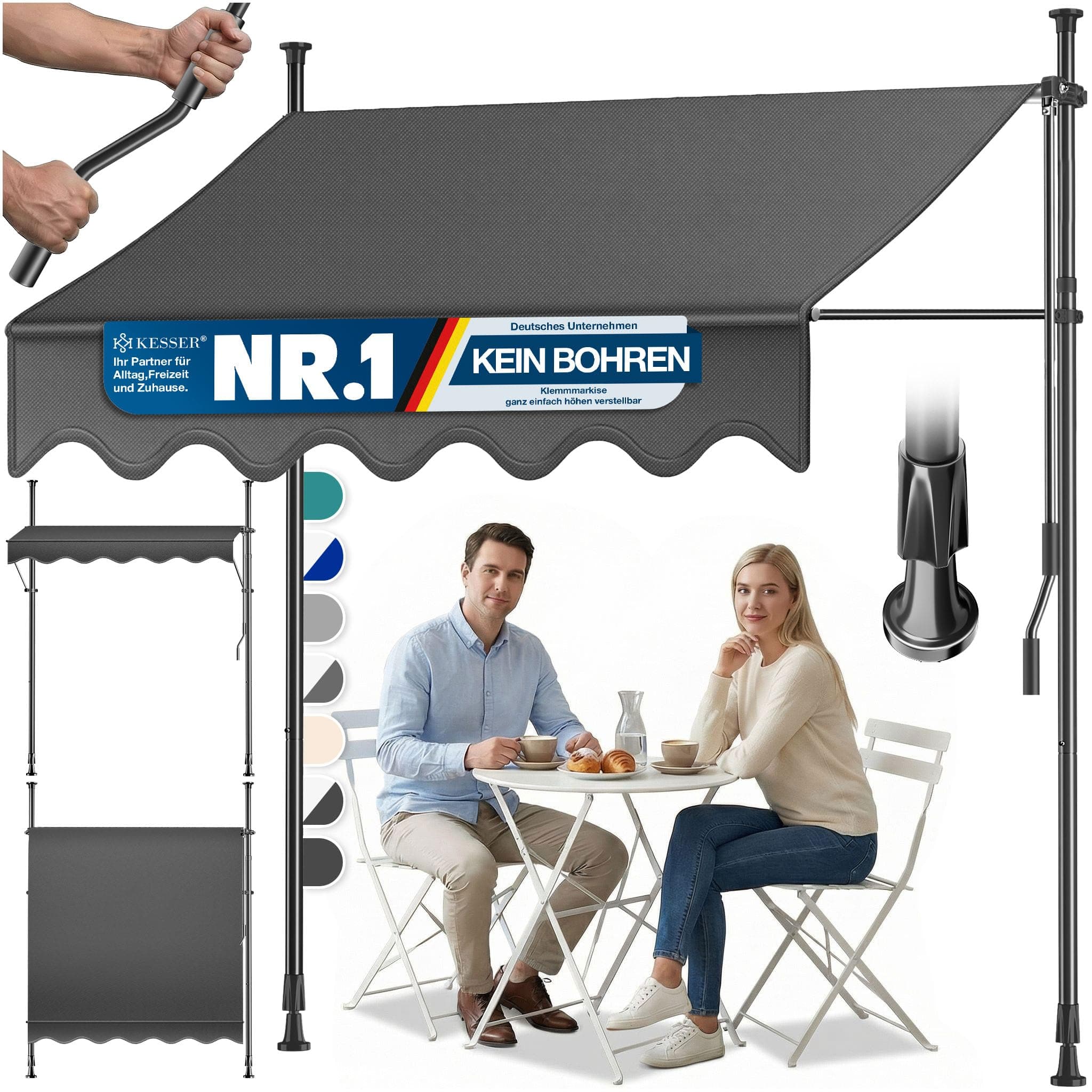 KESSER® Klemmmarkise mit Handkurbel Balkon | Balkonmarkise ohne Bohren | Markise UV-beständig höhenverstellbar & wasserabweisend | Sonnenschutz für Balkon Terrasse & Garten, Terrassenüberdachung 150cm