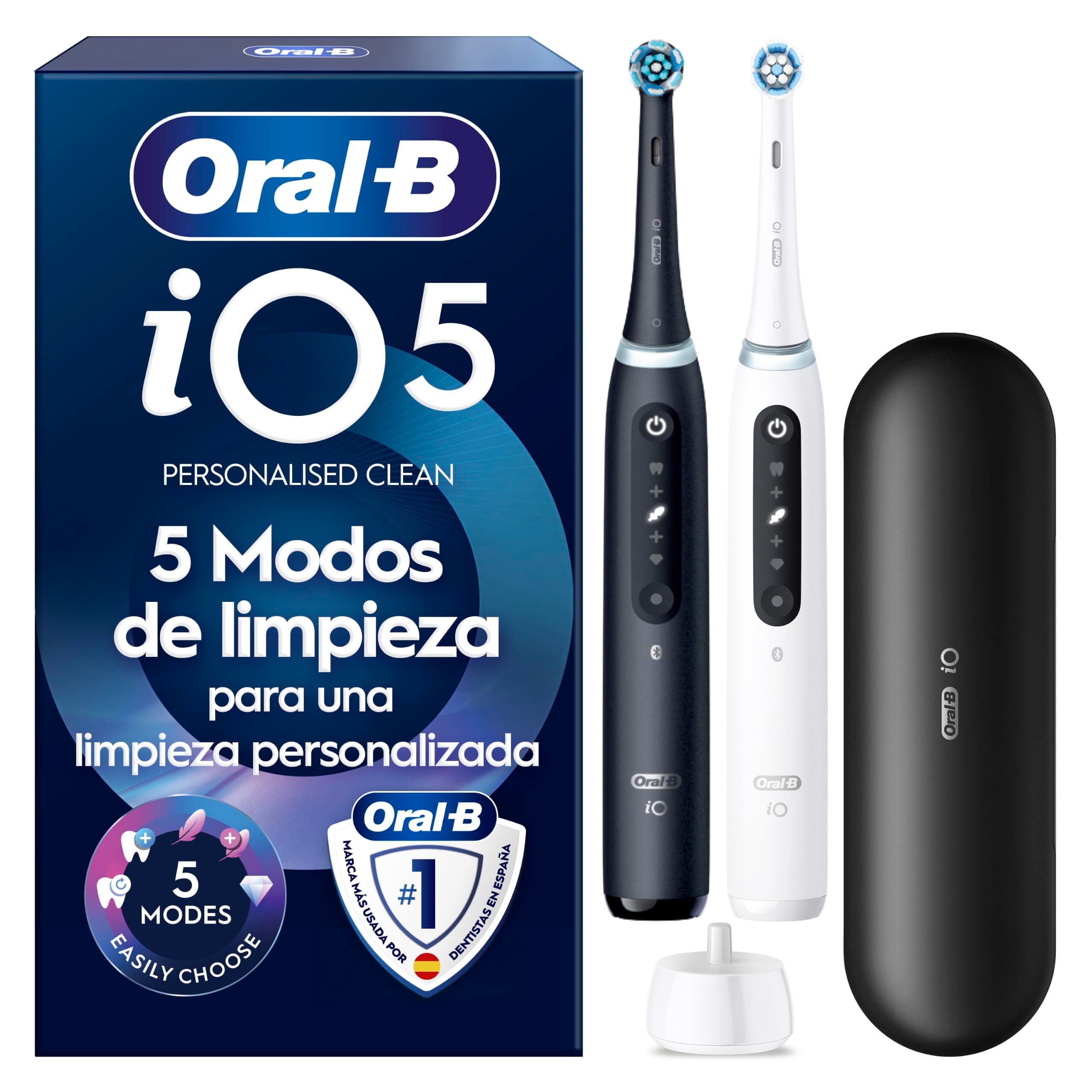 Oral-B iO 5N Cepillos de Dientes Eléctricos, Negro y Blanco, Pack de 2, 2 Cabezales - Cepillo Dental con 5 Modos de Cepillado, Sensor de Presión, Estuche de Viaje, Batería de Larga Duración