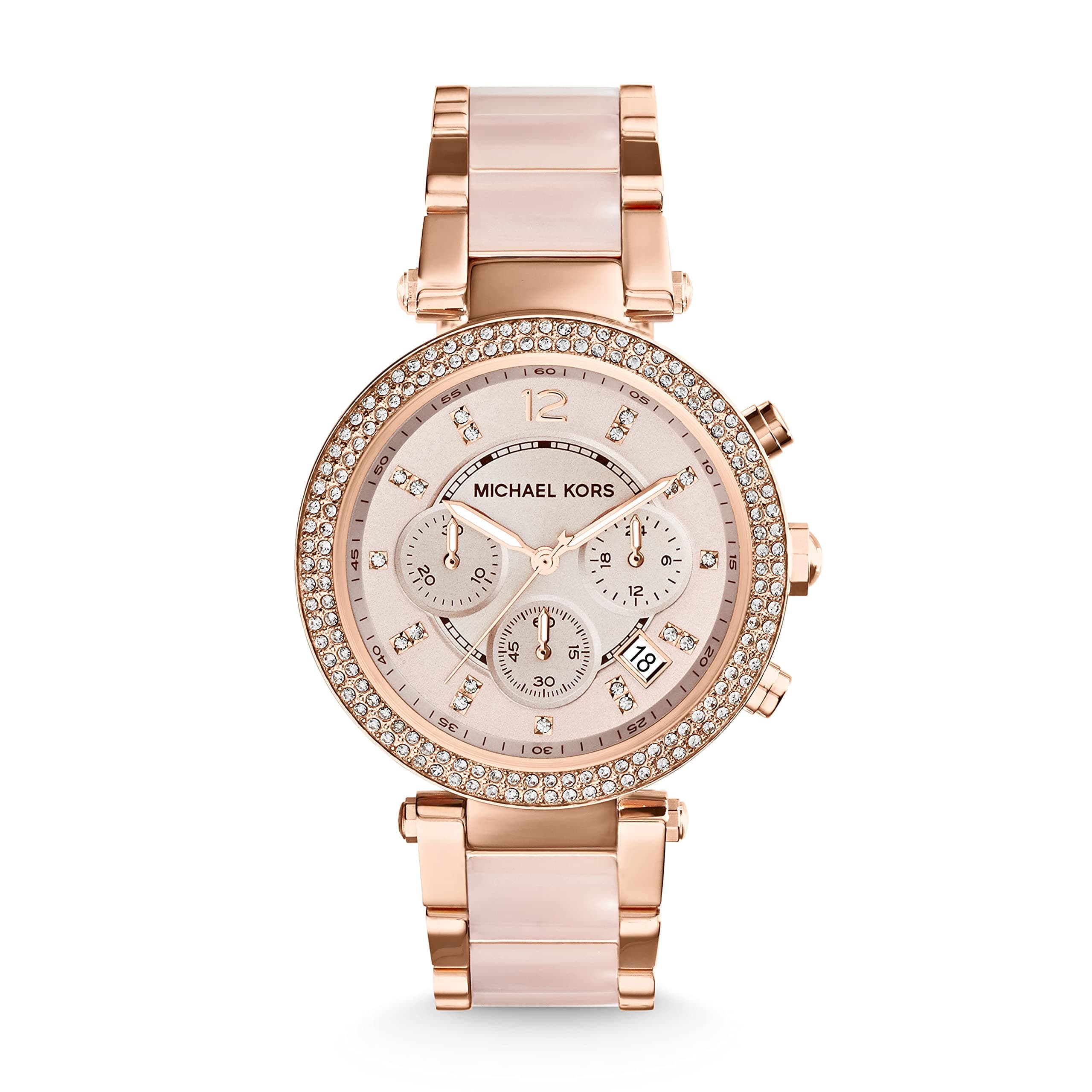 Michael Kors - Reloj Parker cronógrafo de Cuarzo con Correa de Acero Inoxidable en Tono Oro Rosa con eslabones centrales de Acetato ruborizado para Mujer MK5896
