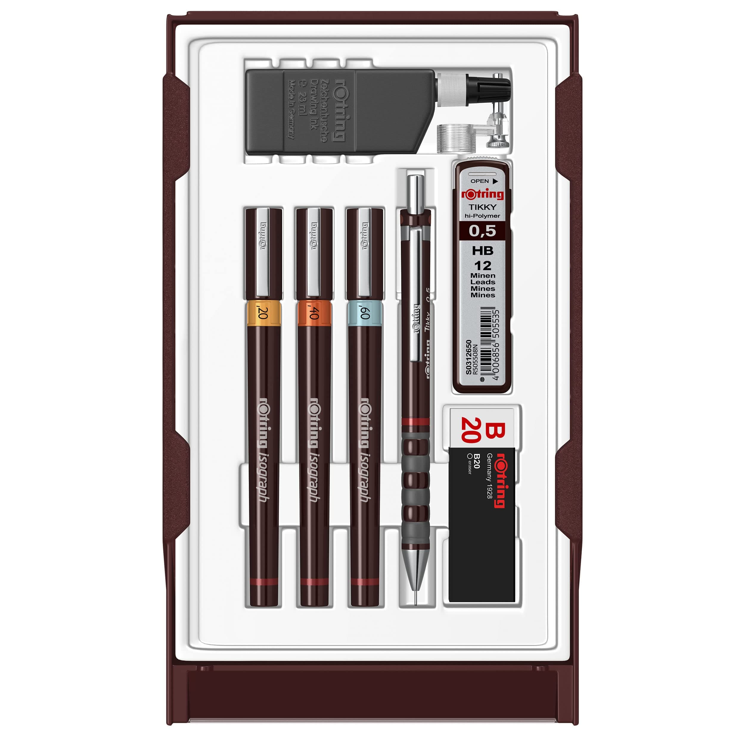 rOtring Isograph Set Universitario Fineliner Bolígrafo y Portaminas | 3 Rotuladores Técnicos (0,20 mm0,40 mm0,60 mm) y Portaminas (0,5 mm) + Accesorios