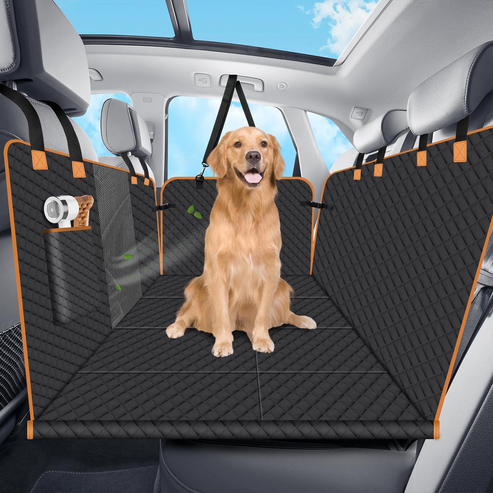 Lekespring Protector de Asiento para Mascotas con 4 Bases de Madera Reforzada - Funda Coche Perro Impermeable 3 en 1, Antideslizante, Antiarañazos, para SUV/Sedán/Camionetas (L, Negro)