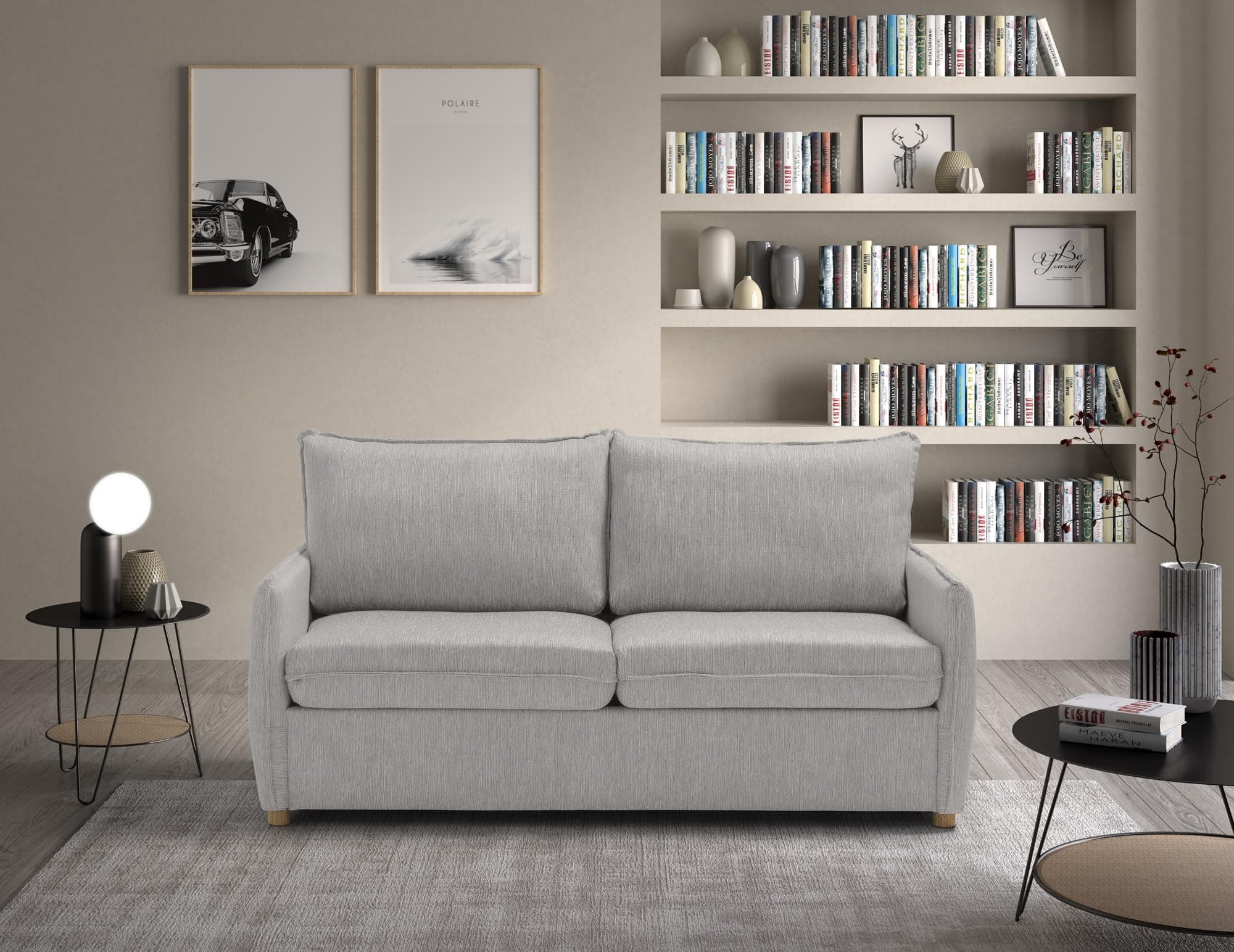 EVERGREENWEB Divano Letto 2 Posti con Materasso Memory 140x190, Sofà Soggiorno con Piedi in Legno Design Moderno, Struttura Rinforzata Pieghevole, Tessuto Grigio Chiaro Antimacchia, Cuscini Estraibili
