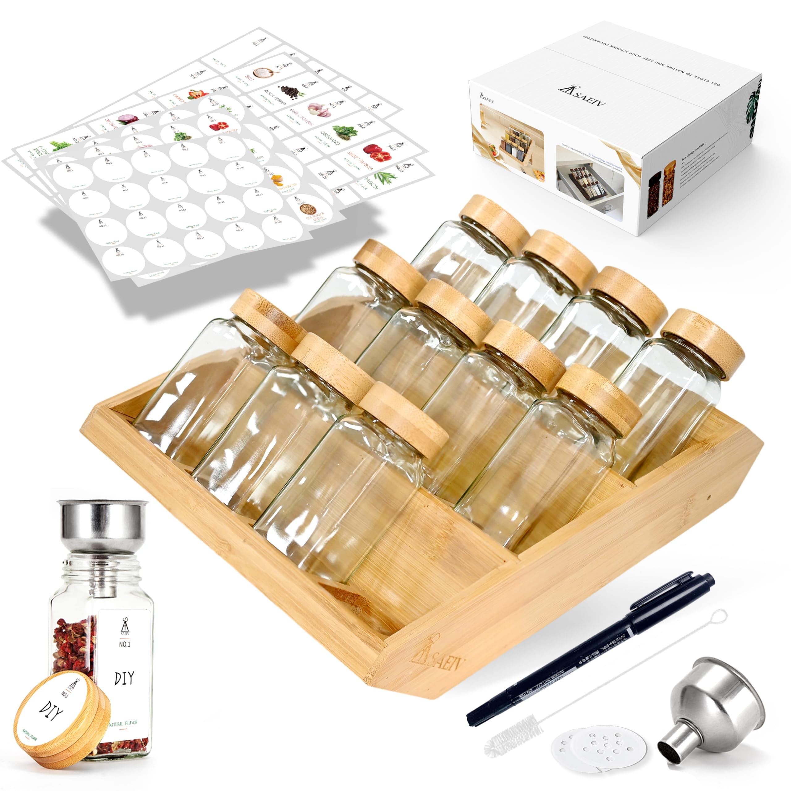 SAEIV Frascos De Especias Cuadrados Con Estante De Madera De Bambú 2-En-1 (FCM®) - Juego De 12X120Ml Saleros, 120 Etiquetas, Compatible Vertical & Cajón - Organizador Con Insertador Agitador, Sin BPA