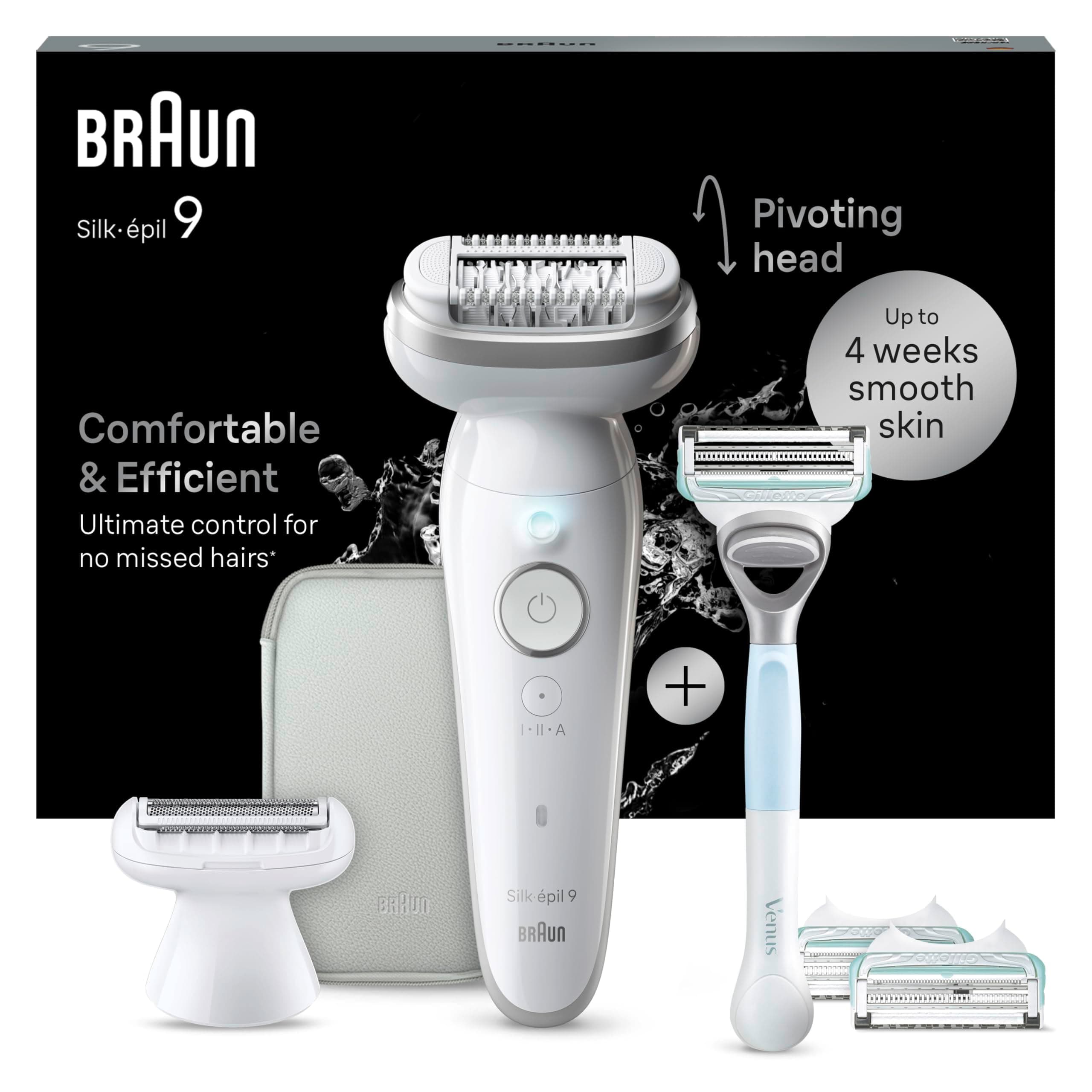 Braun Epilateur Electrique Femme Silk Epil 9, 9-141, Blanc et Argent – Etanche, sans Fil, Tête Pivotante, Coffret d’Epilation avec Sabot Tondeuse, Embout de Rasoir, Manche et Cartouche Gillette Venus
