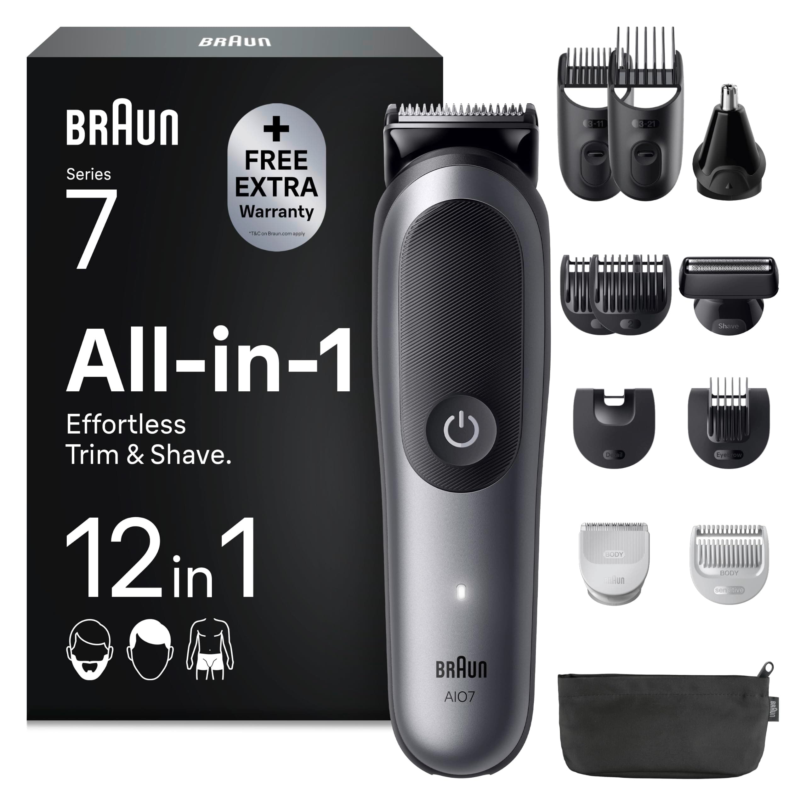 Braun Rasoio Elettrico Barba e Capelli Serie 7, Accessori, AIO7565 Blu | Rifinitore All-in-One 12in1, Lama Problade, Rasoio Elettrico Corpo Uomo, Peli Naso, Balsamo Barba, Impermeabile Ricaricabile