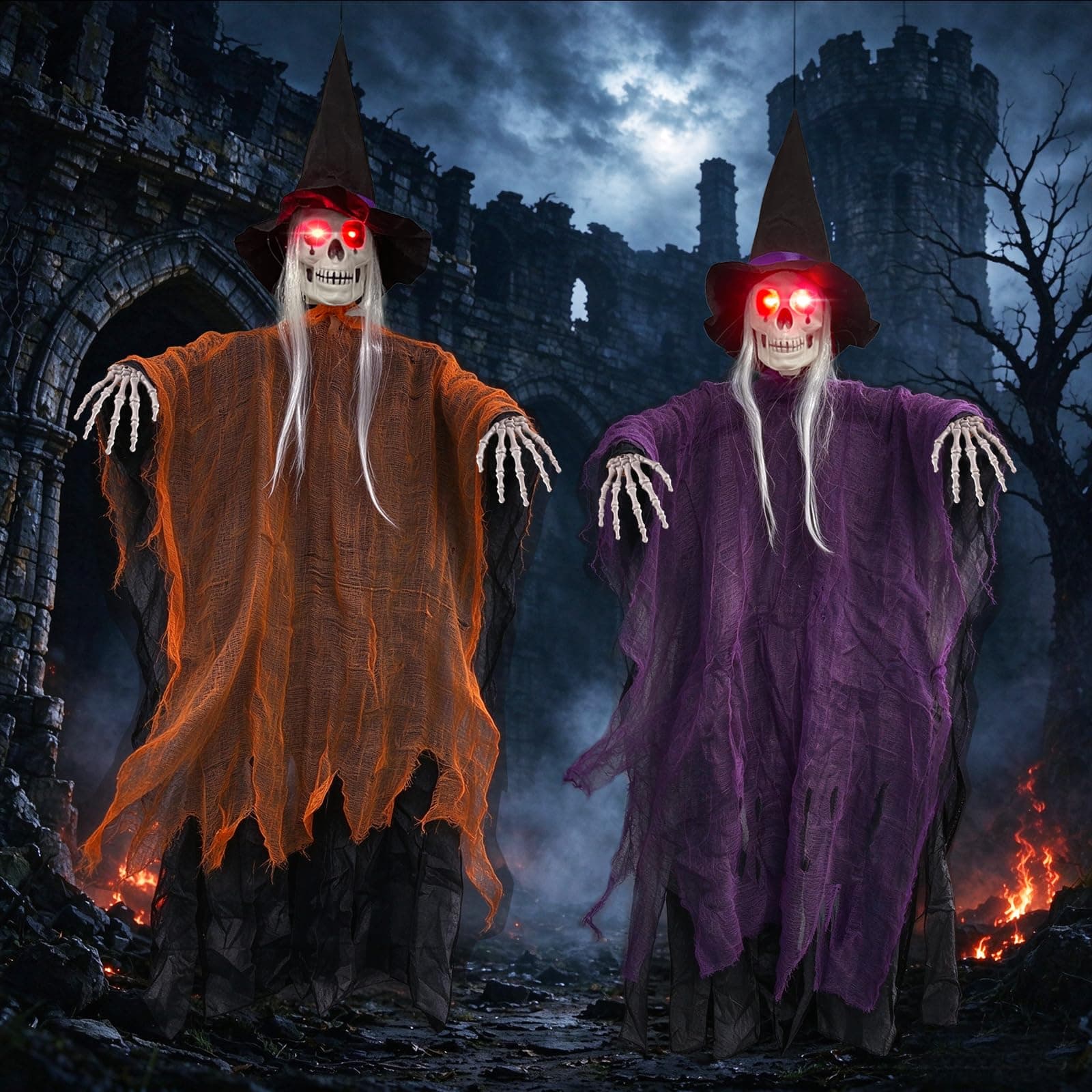 2 Piezas Brujas Halloween Decoracion 80x60cm, Decoración Halloween Exterior | Bruja Animada Colgante con Ojos Iluminados Esqueletos de Fantasmas Colgantes para Jardin, Interior y Exterior