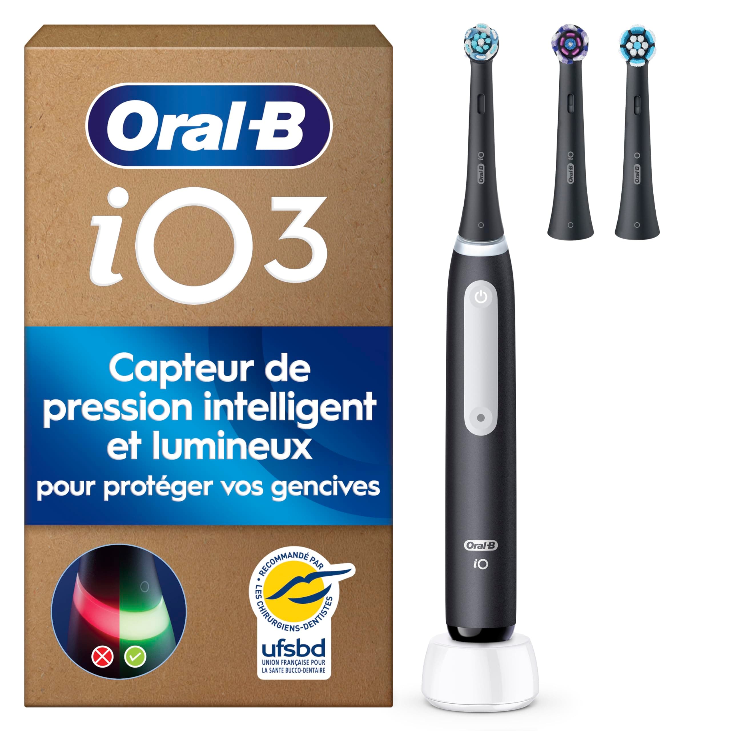 Oral-B Brosse à Dents Electrique iO 3, 3 Brossettes de Rechange, Noire – 3 Modes de Brossage Silencieux dont Douceur et Blancheur, Capteur de Pression sur les Gencives, Batterie Rechargeable