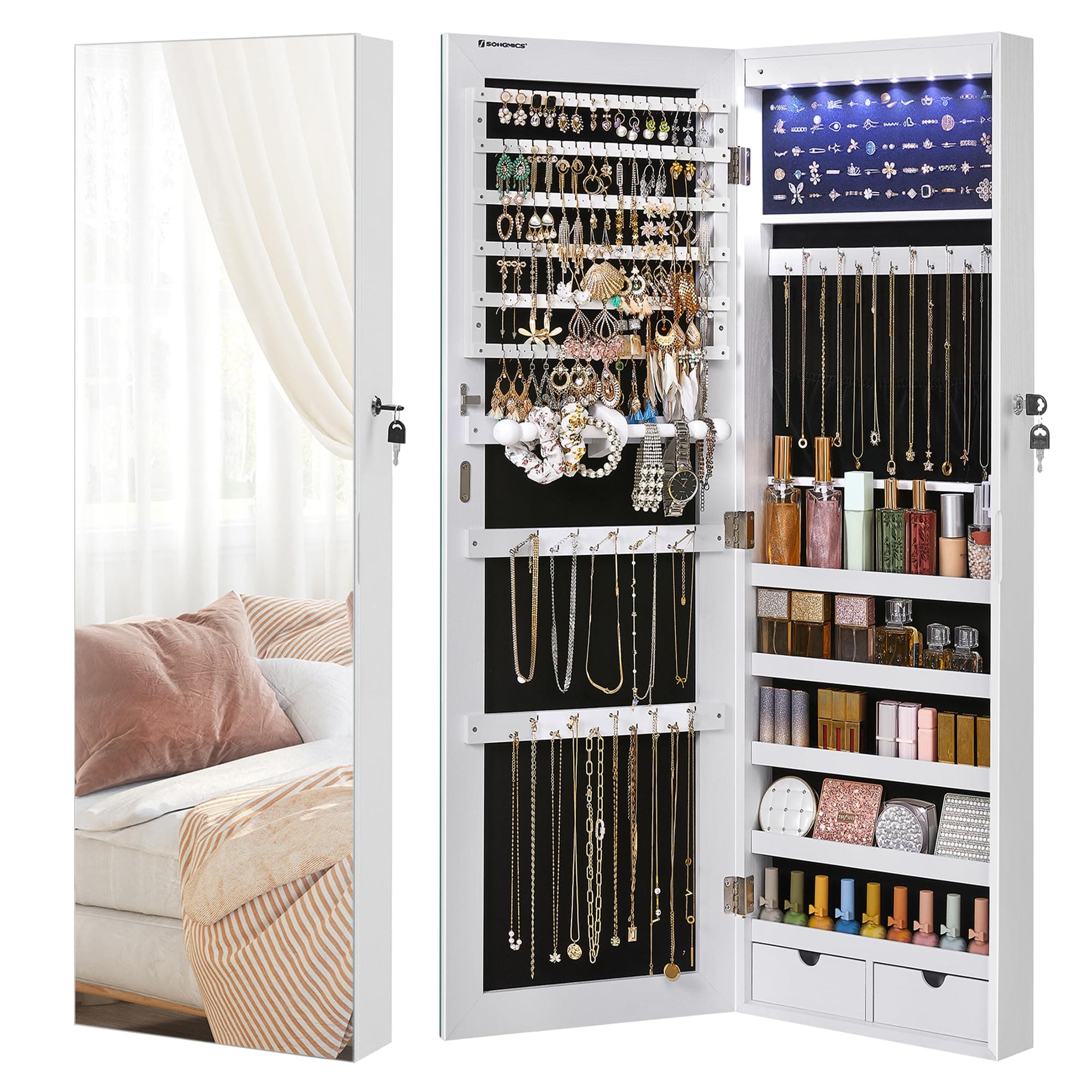 SONGMICS Espejo Joyero de Pared, Espejo Joyero Colgante sin Marco, Armario de Joyas con 6 LEDs para Colgar en la Pared o en la Puerta, Gran Capacidad con 2 Cajones, Blanco JJC99WT