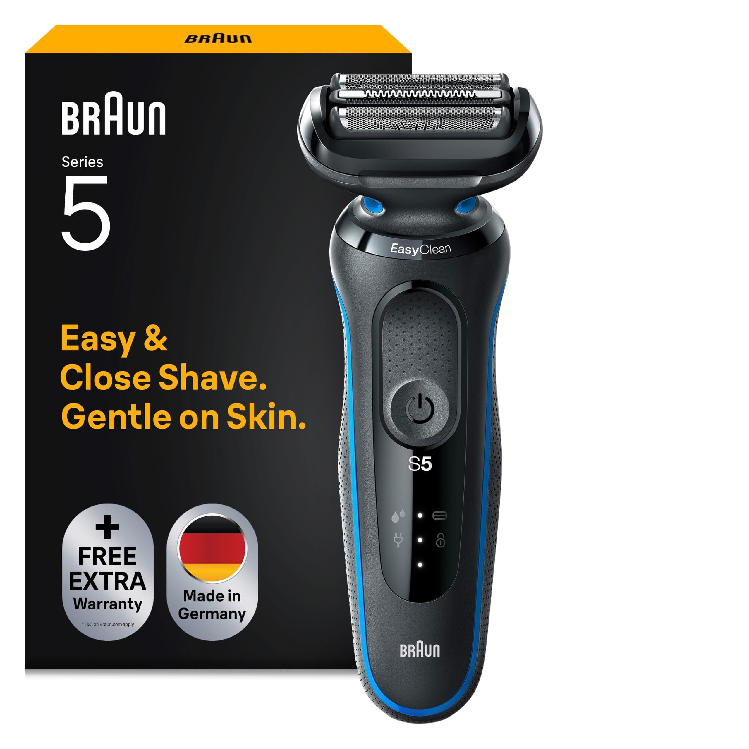 Braun Serie 5 Rasoio Elettrico Barba, 51-B1000s Blu | Regolabarba Uomo Impermeabile, Ricaricabile, Sistema EasyClean, 50 Min di Utilizzo, Rasoio a Lamina Senza Fili, Idea Regalo