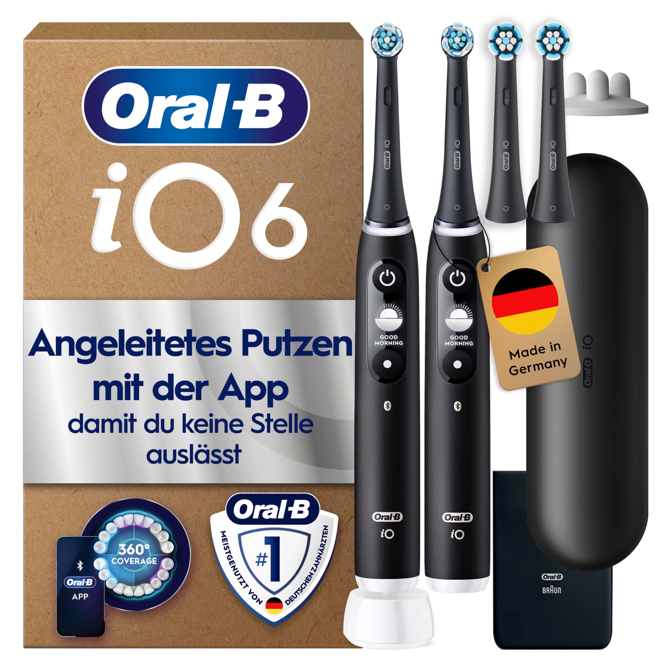 Oral-B iO Series 6 Elektrische Zahnbürste, Doppelpack, Schwarz | Inkl. 4 Aufsteckbürsten, Reise-Etui, Electric Toothbrush mit 5 Putzmodi für Zahnpflege