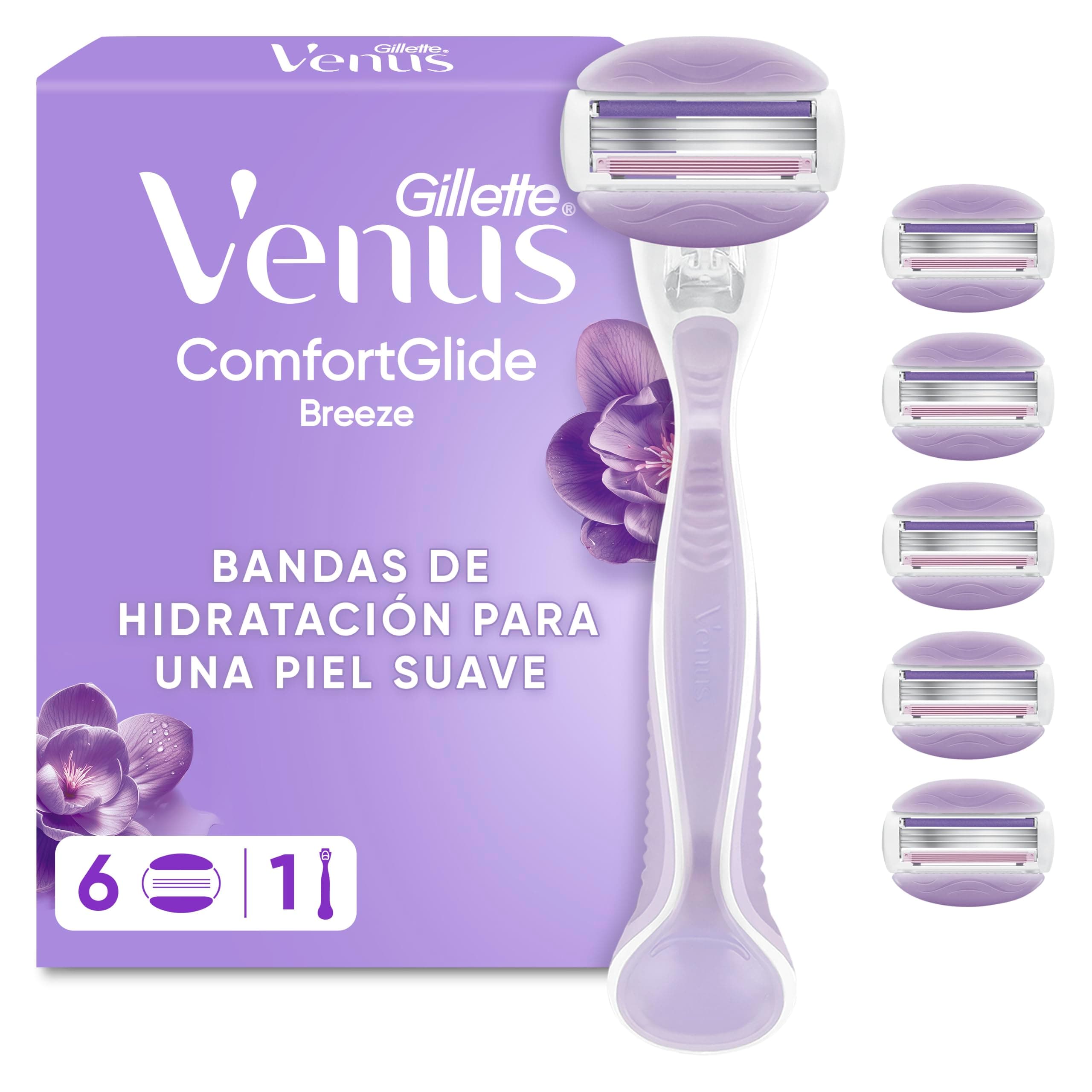 Gillette Venus ComfortGlide Breeze Máquinilla de Afeitar Mujer, 6 Recambios | 1 Mango Ergonómico + 6 Cuchillas de Afeitar con 3 Hojas Y Barras de Gel para Una Depilación Suave, Apurada Y Duradera