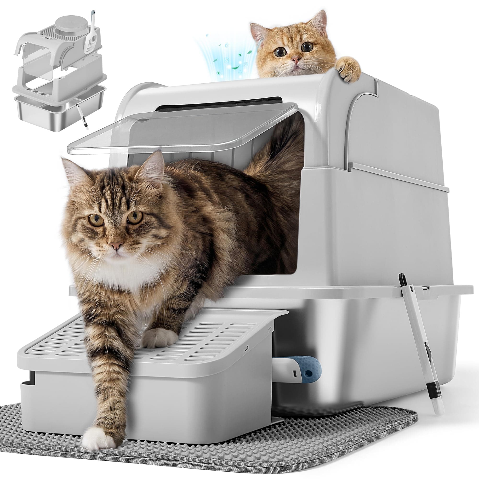 Feandrea Arenero para Gatos de Acero Inoxidable con Tapa, 2 Entradas | Caja de Arena Cerrada, Pala y Cepillo, para Gatos de hasta 15 kg, Plateado, Colección BOXAL PPT021G101