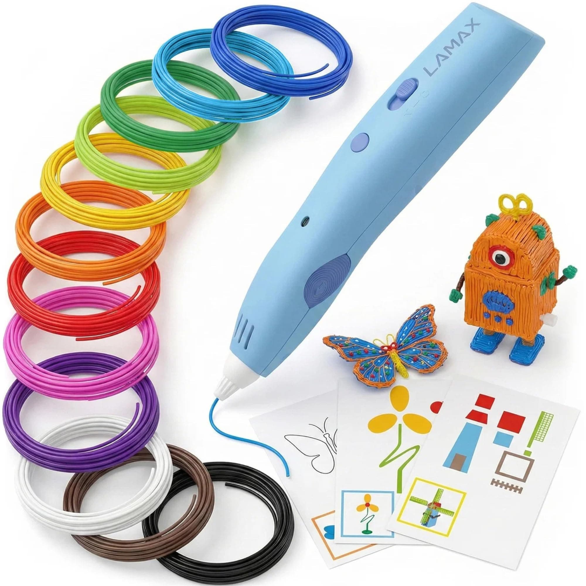 LAMAX ArtKid1 Bolígrafo 3D para niños, recambios hipoalergénicos no tóxicos, 2 velocidades, 2 niveles de temperatura, 12 colores de relleno, diámetro de filamento (relleno) 1,75 mm (azul)