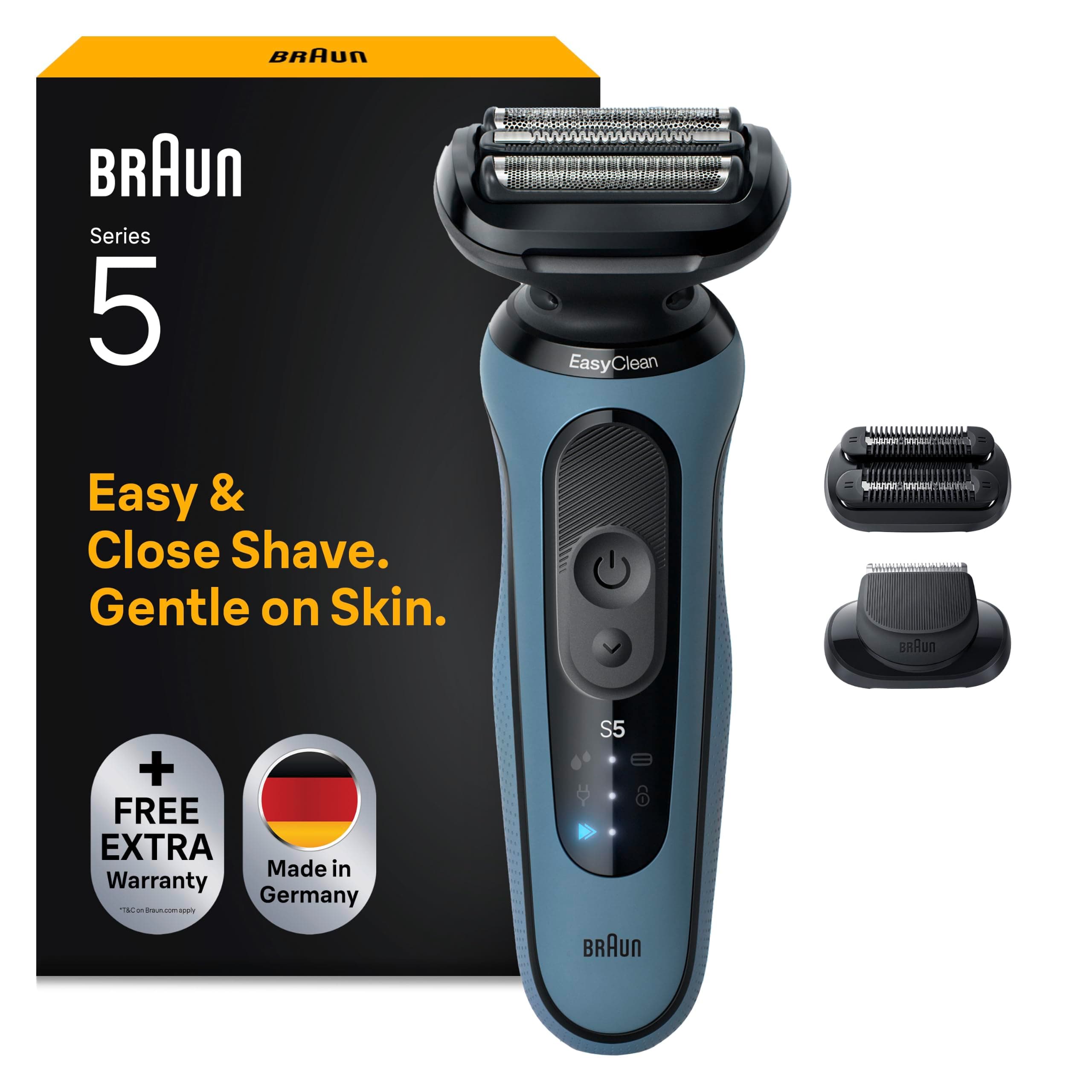 Braun Rasierer Herren Elektrisch Series 5, 52-A1820si, Azurblau | Rasierapparat, Kabelloser Elektrorasierer, Barttrimmer mit 50 Min. Akku, Wasserdicht, Made in Germany, Inkl. 2 Aufsätze
