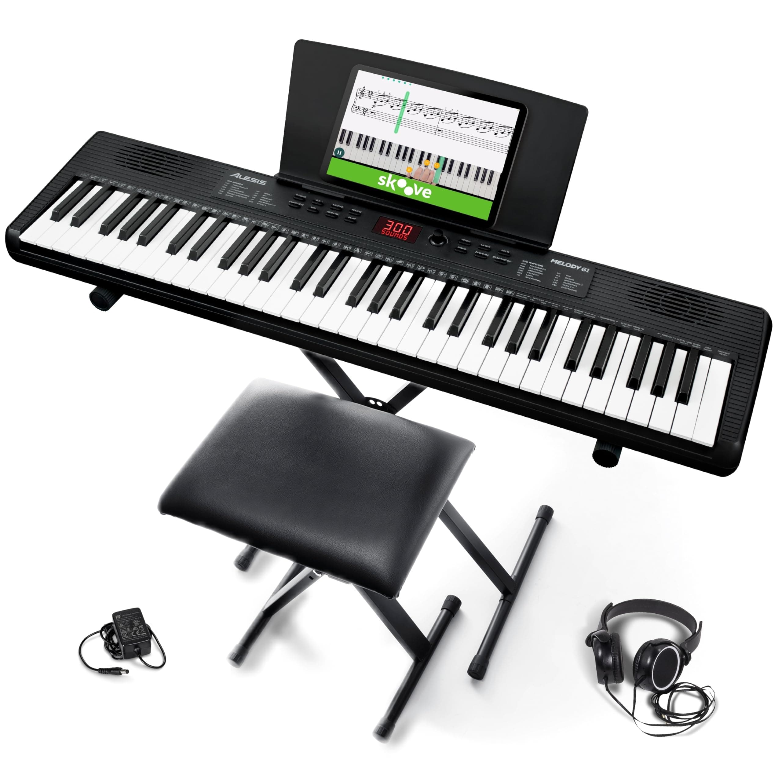 Alesis Melody 61 Pianola Tastiera con 61 Tasti per Principianti con Diffusori, Supporto, Sgabello, Cuffie, Leggio, 300 Suoni e Lezioni Musicali