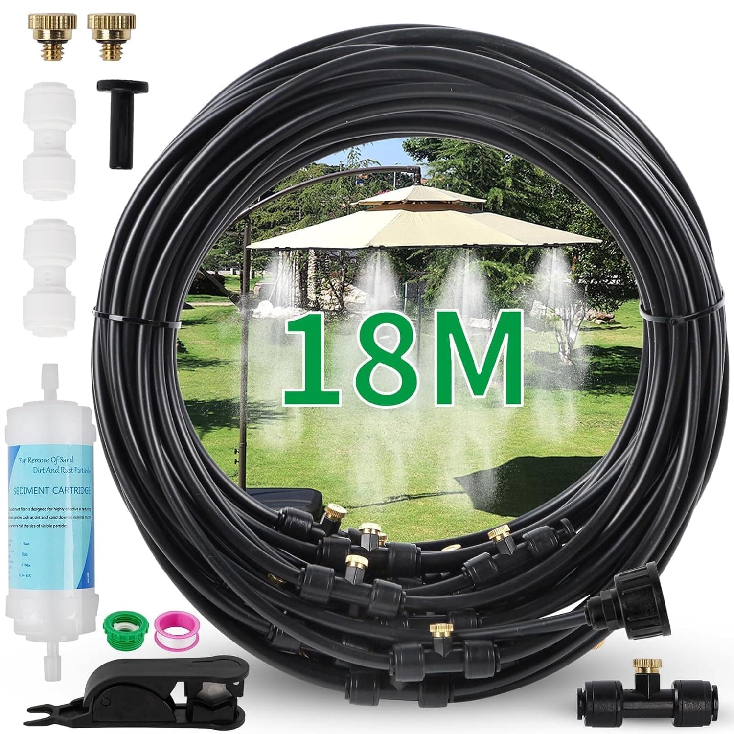 Wzzy Gurden Brumisateur Terrasse Exterieur, Kit d’Irrigation Système de Brumisateur Extérieur 18M avec avec filtre à eau 20 Buses de Brume avec Joint en T