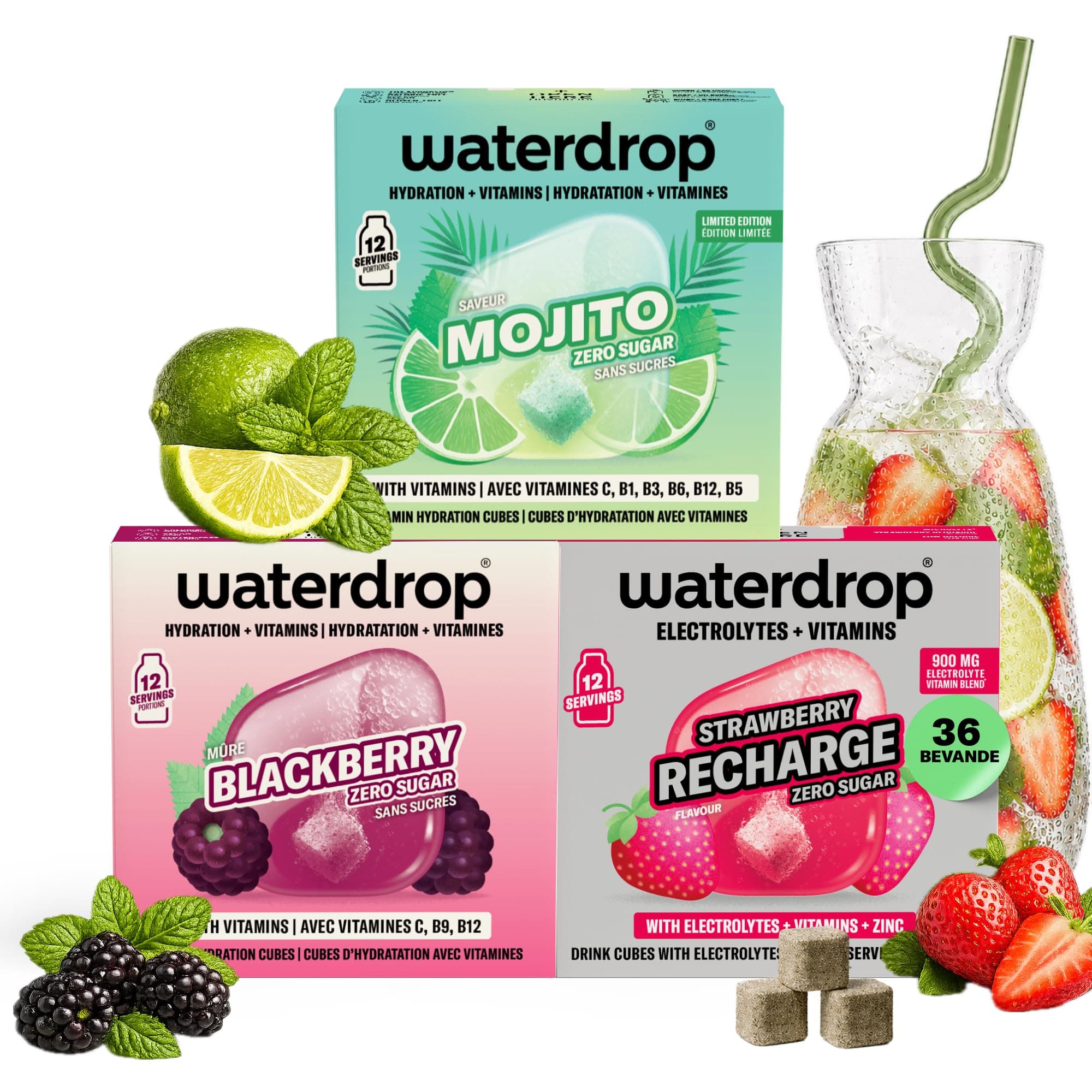 waterdrop® Mojito Set - Cubetti per Acqua - 36 Cubi Mojito, Fragola & Mora - Bevanda Analcolica Zero Alcol - Alternativa Analcolica all’Acqua Tonica - Senza Zucchero con Vitamine C & B12